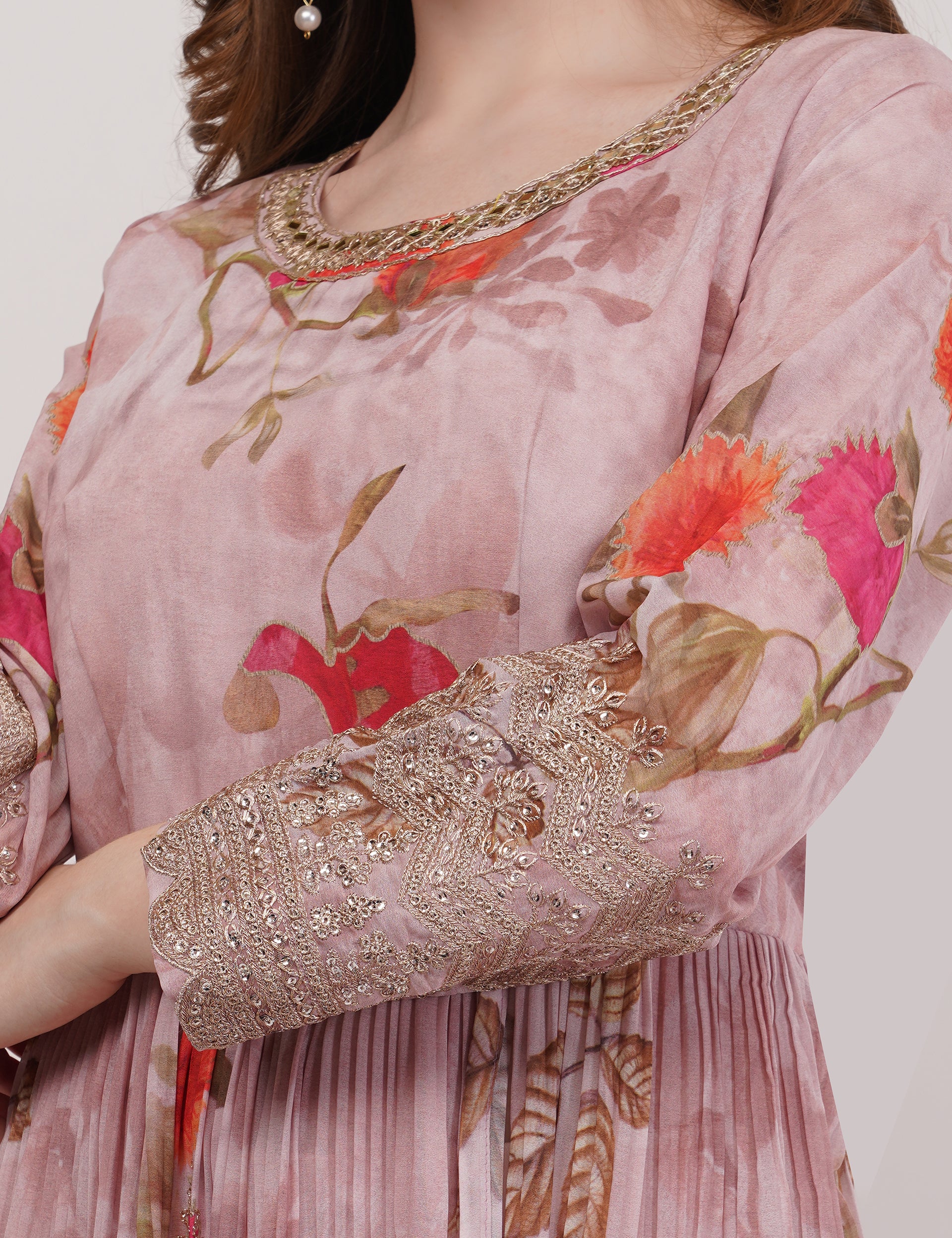 Peach Printed Anarkali Set With Slit & Dupatta - Set Of 3