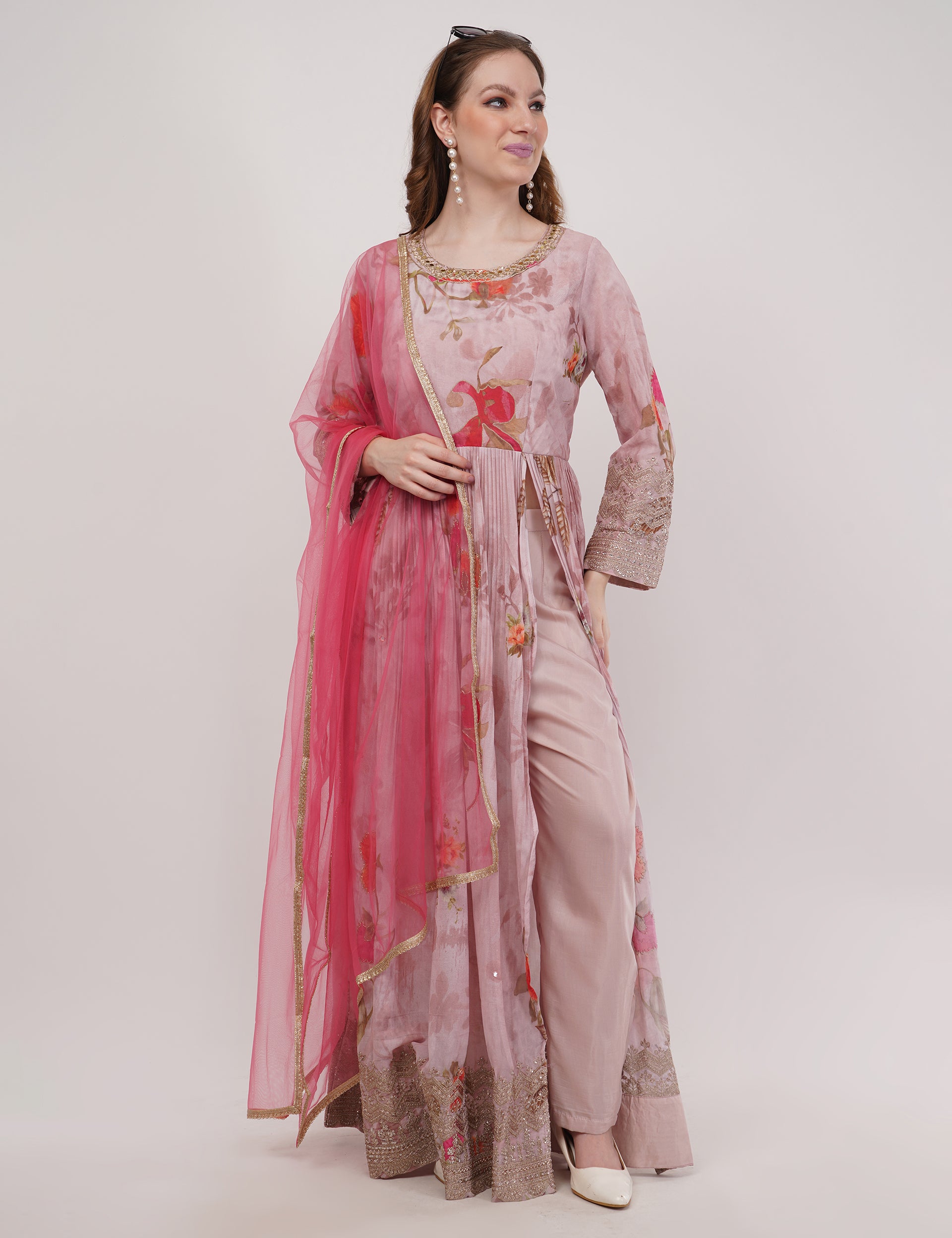 Peach Printed Anarkali Set With Slit & Dupatta - Set Of 3