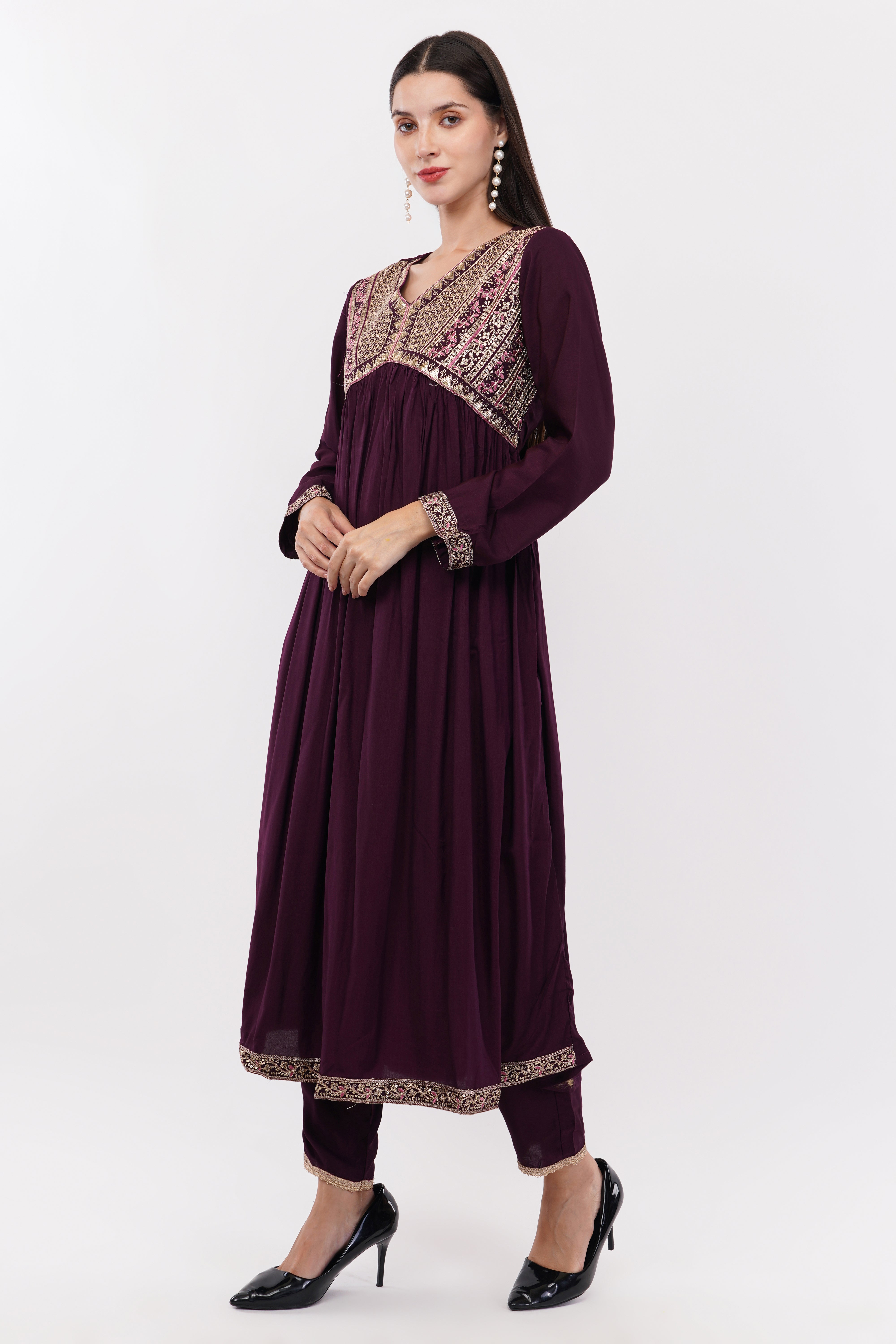 Purple Kurta & Bottom Natural Crepe Dupatta Organza Anarkali Suit Set With Aliya Cut - Set Of 3