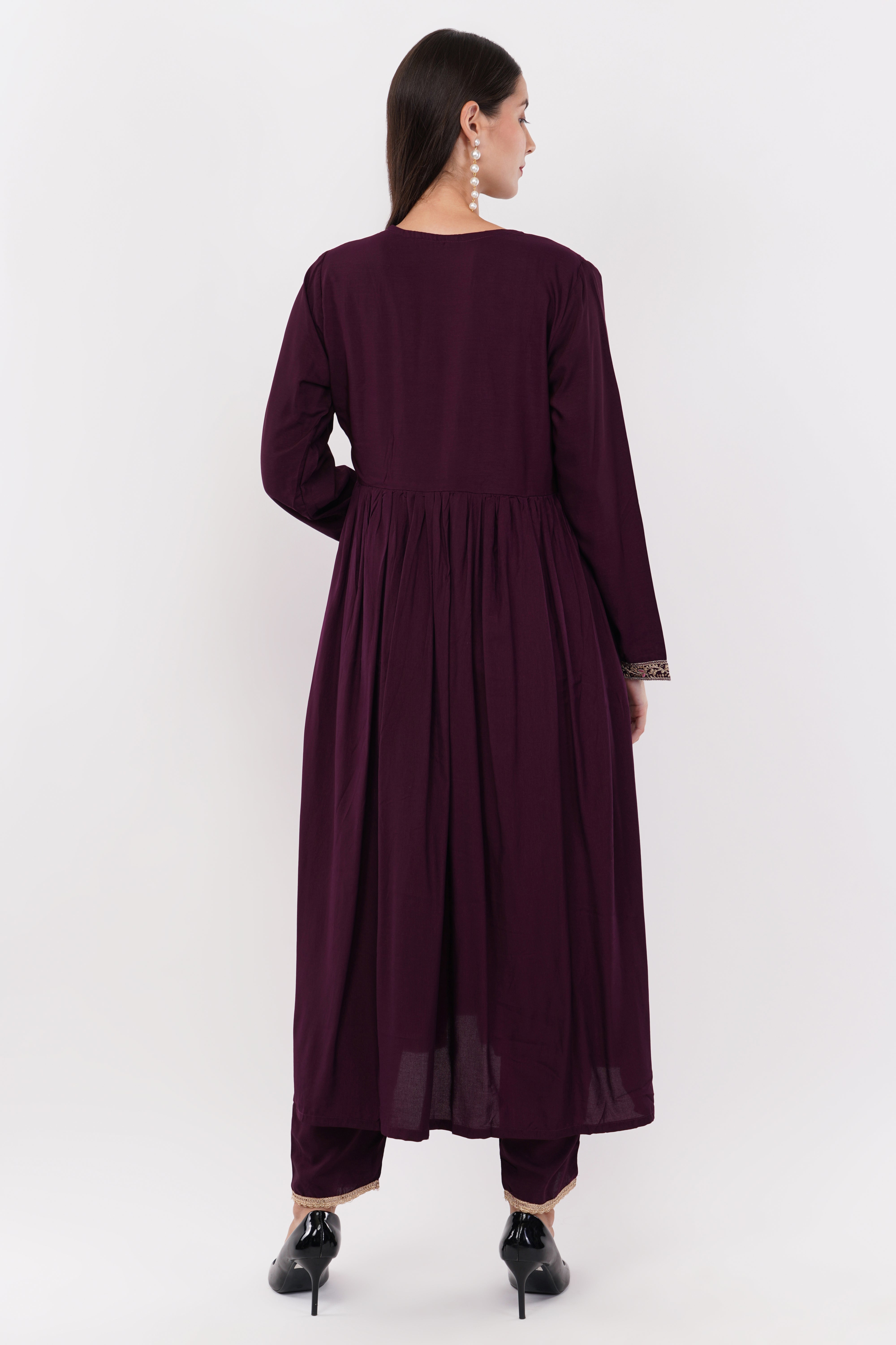 Purple Kurta & Bottom Natural Crepe Dupatta Organza Anarkali Suit Set With Aliya Cut - Set Of 3