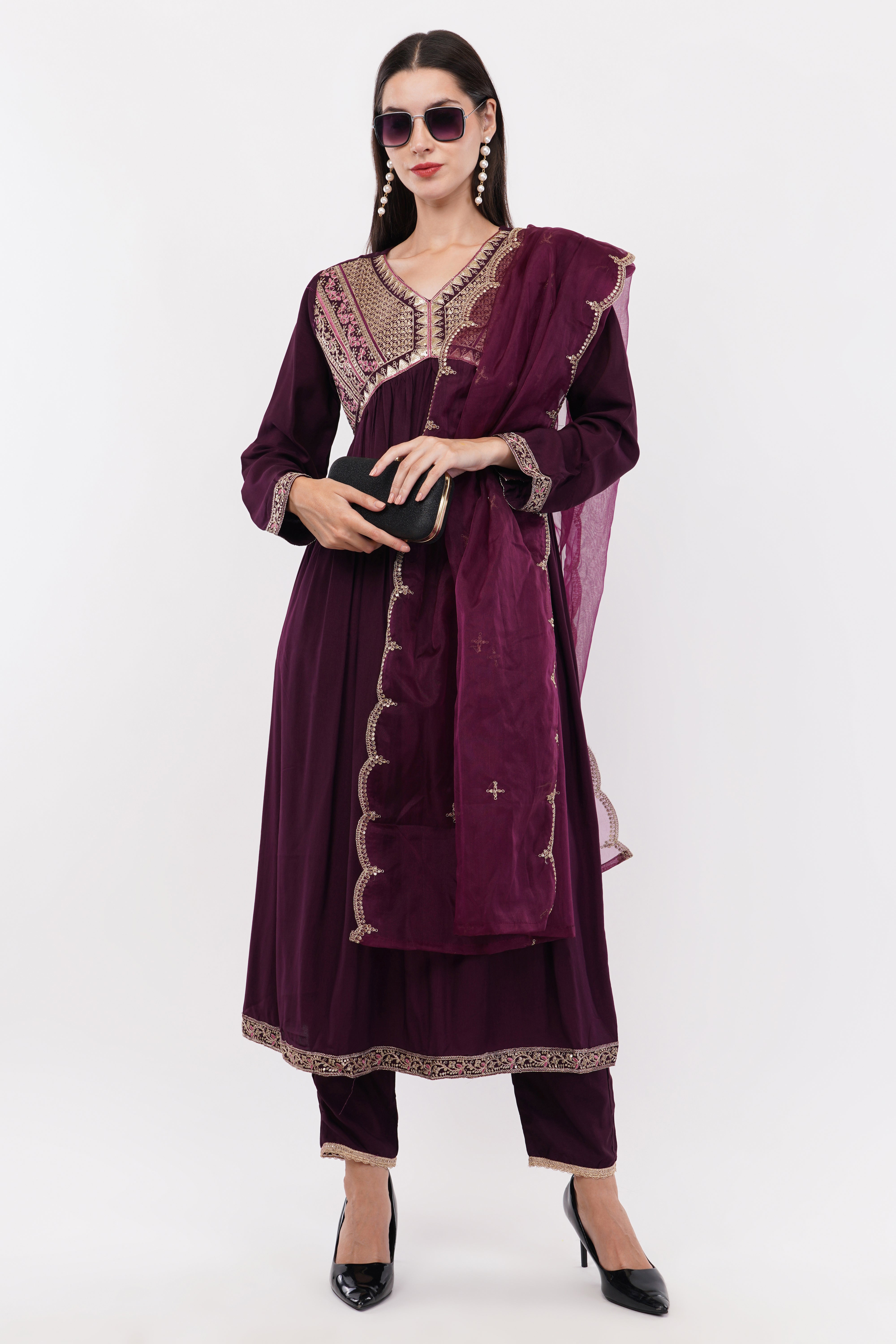 Purple Kurta & Bottom Natural Crepe Dupatta Organza Anarkali Suit Set With Aliya Cut - Set Of 3