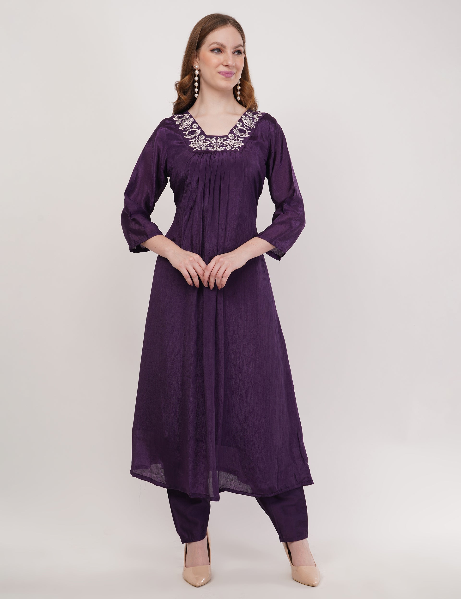 Purple Viscose With Printed Dupatta - Set Of 3