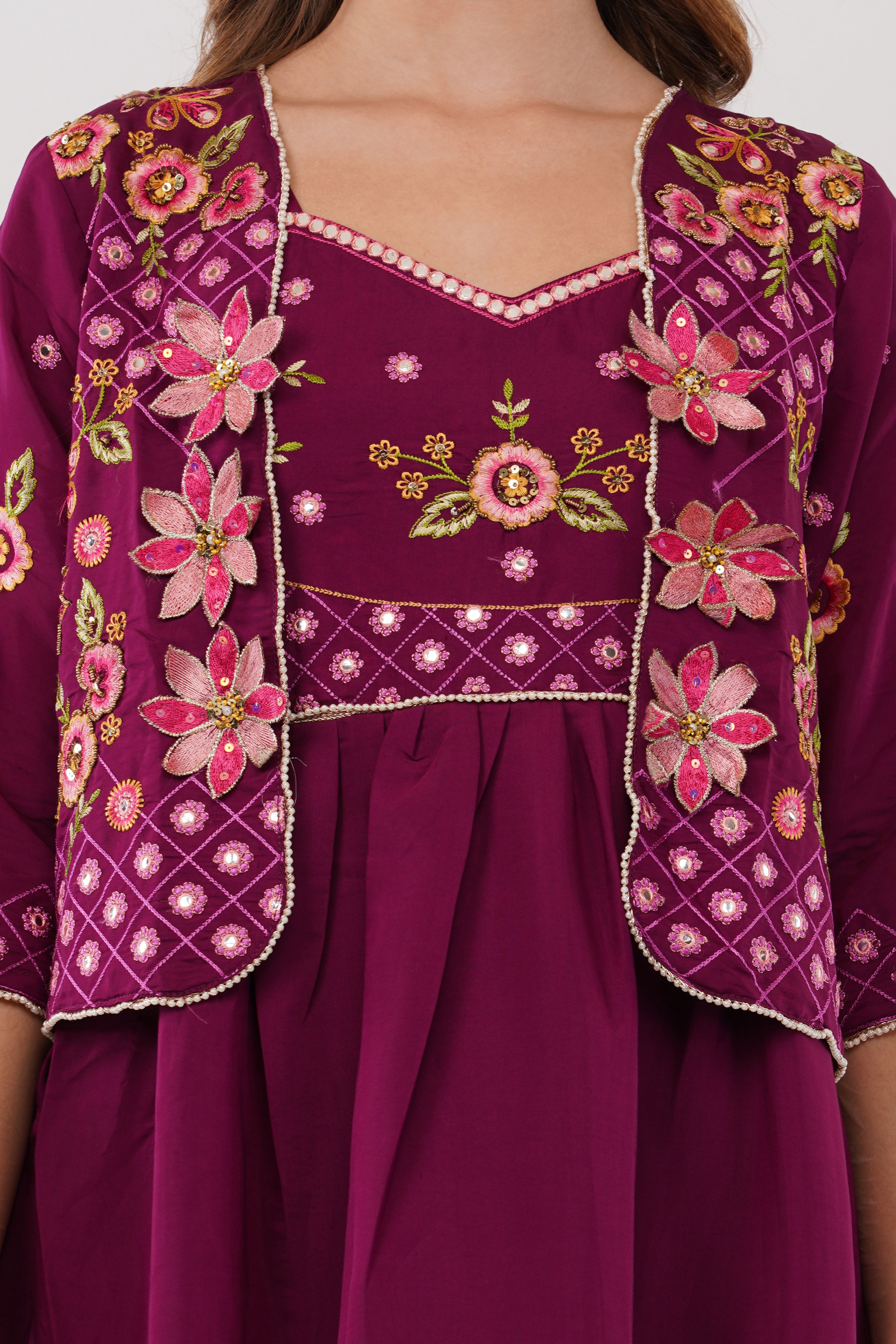 Purple Viscose Silk Anarkali Set With Jacket - Set Of 3