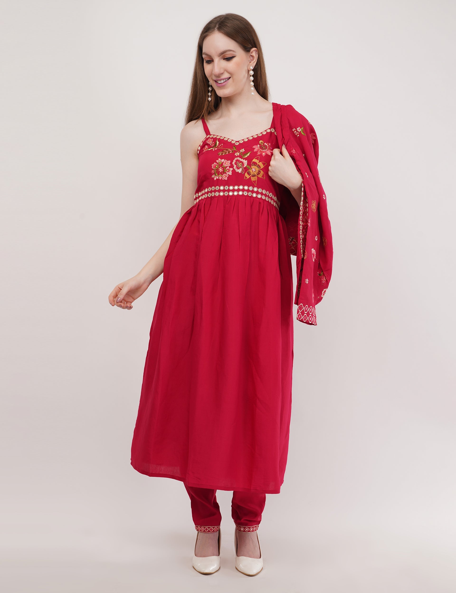 Red Viscose Silk Anarkali Set With Jacket Anarkali - Set Of 3
