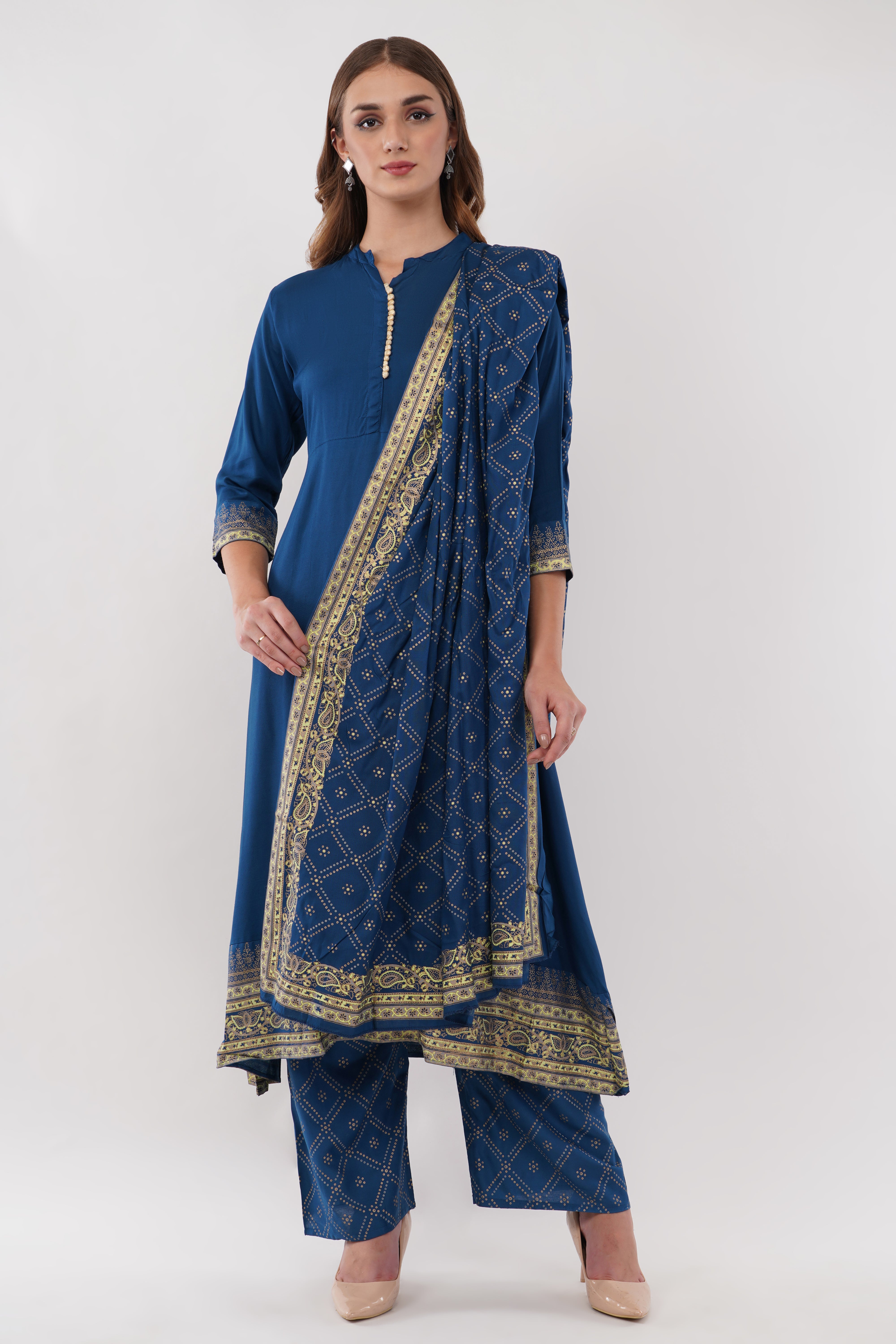 Teal Blue Anarkali Block Printed, Contrast Button Details - Set Of 3