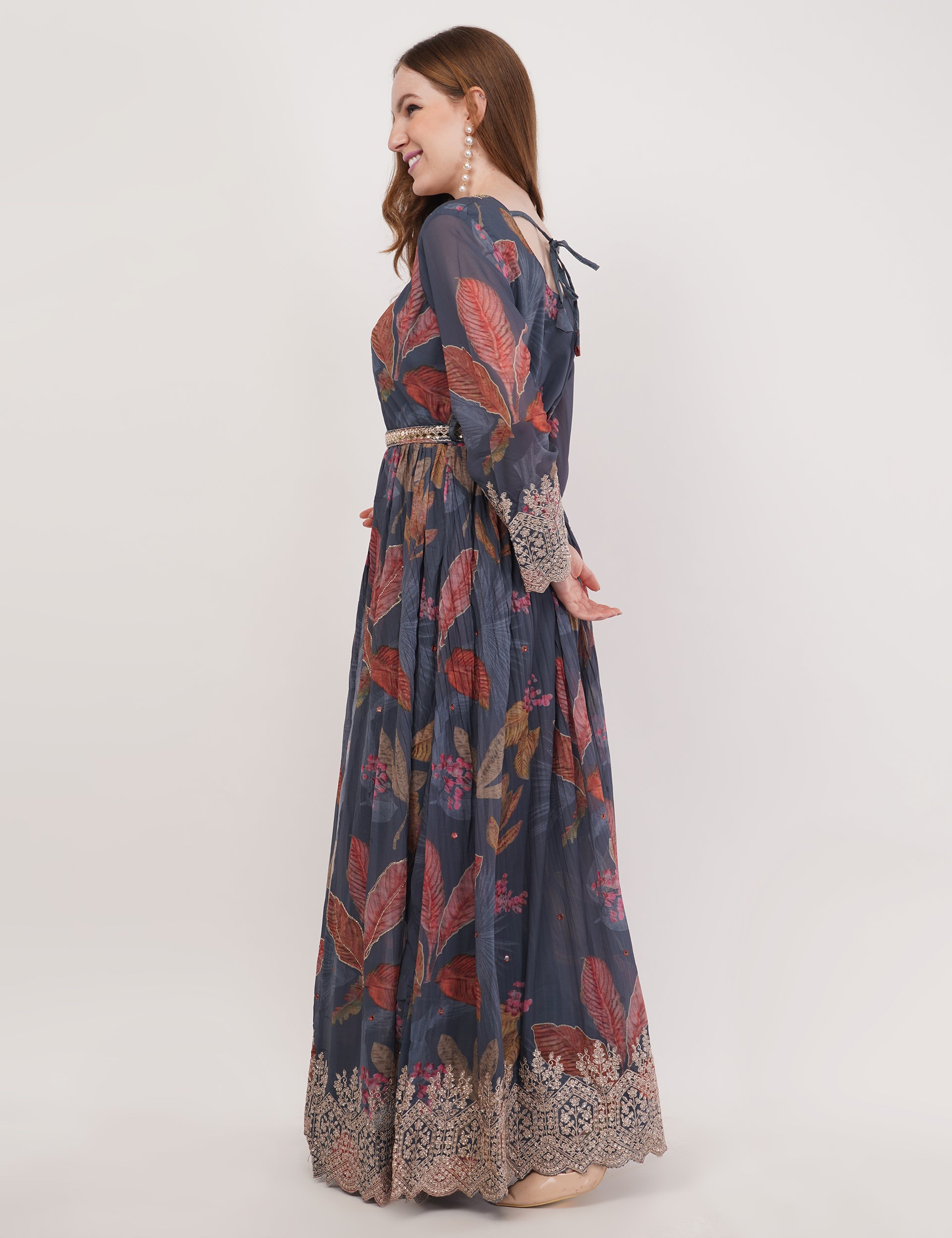 Teal- Multi-Color Printed Anarkali Set With Slit & Dupatta - Set Of 3