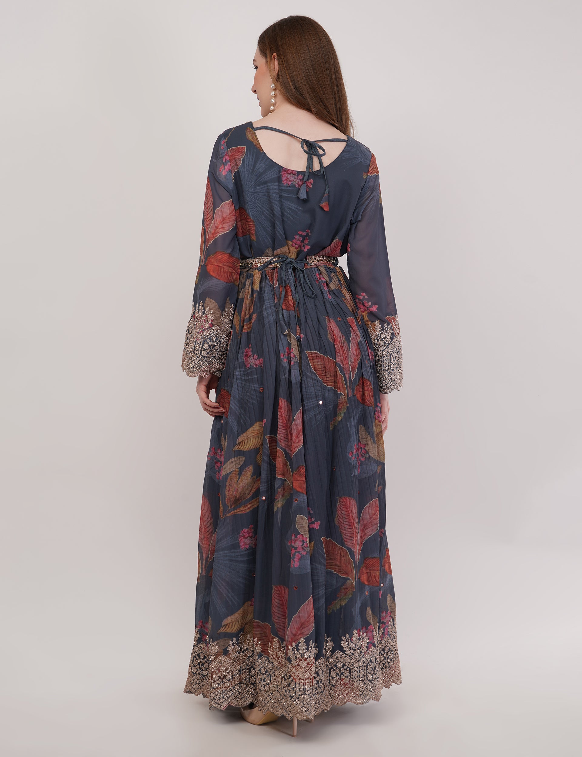 Teal- Multi-Color Printed Anarkali Set With Slit & Dupatta - Set Of 3