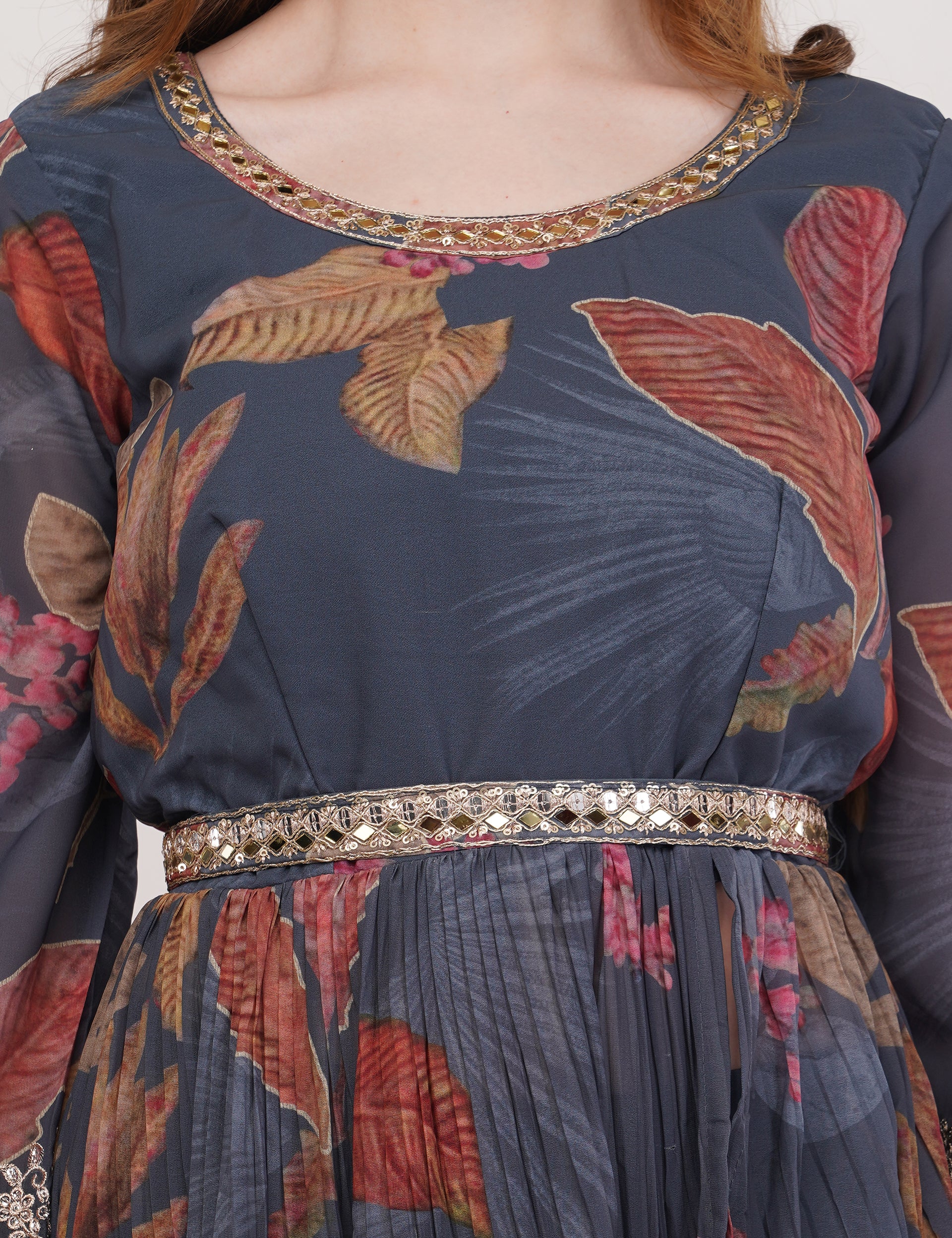 Teal- Multi-Color Printed Anarkali Set With Slit & Dupatta - Set Of 3