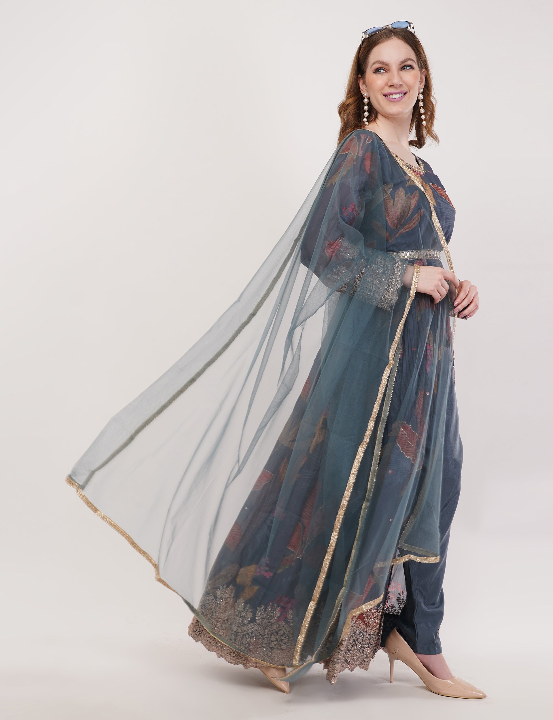 Teal- Multi-Color Printed Anarkali Set With Slit & Dupatta - Set Of 3