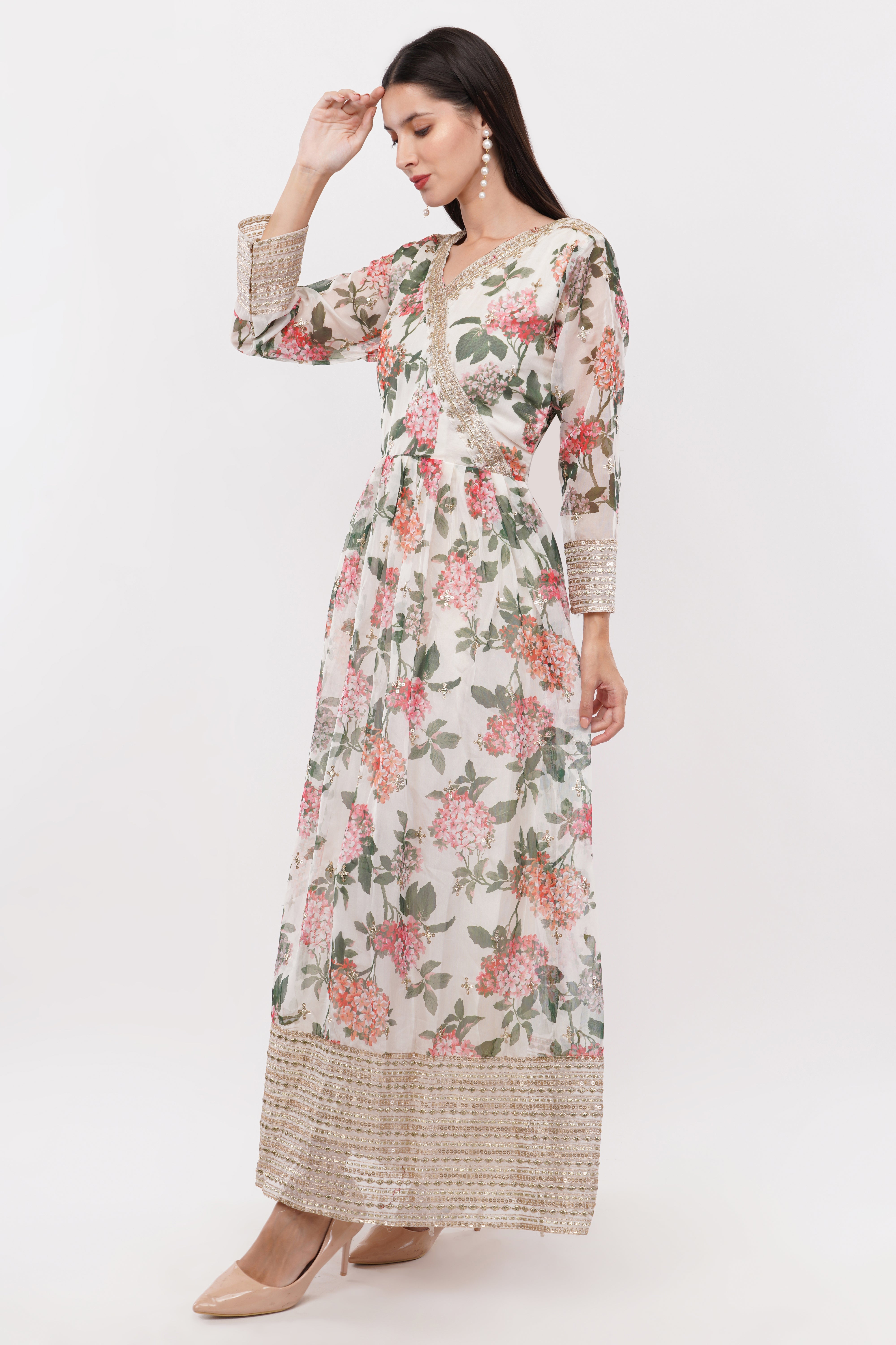 Off White Printed Anarkali Gown Set - Set Of 3