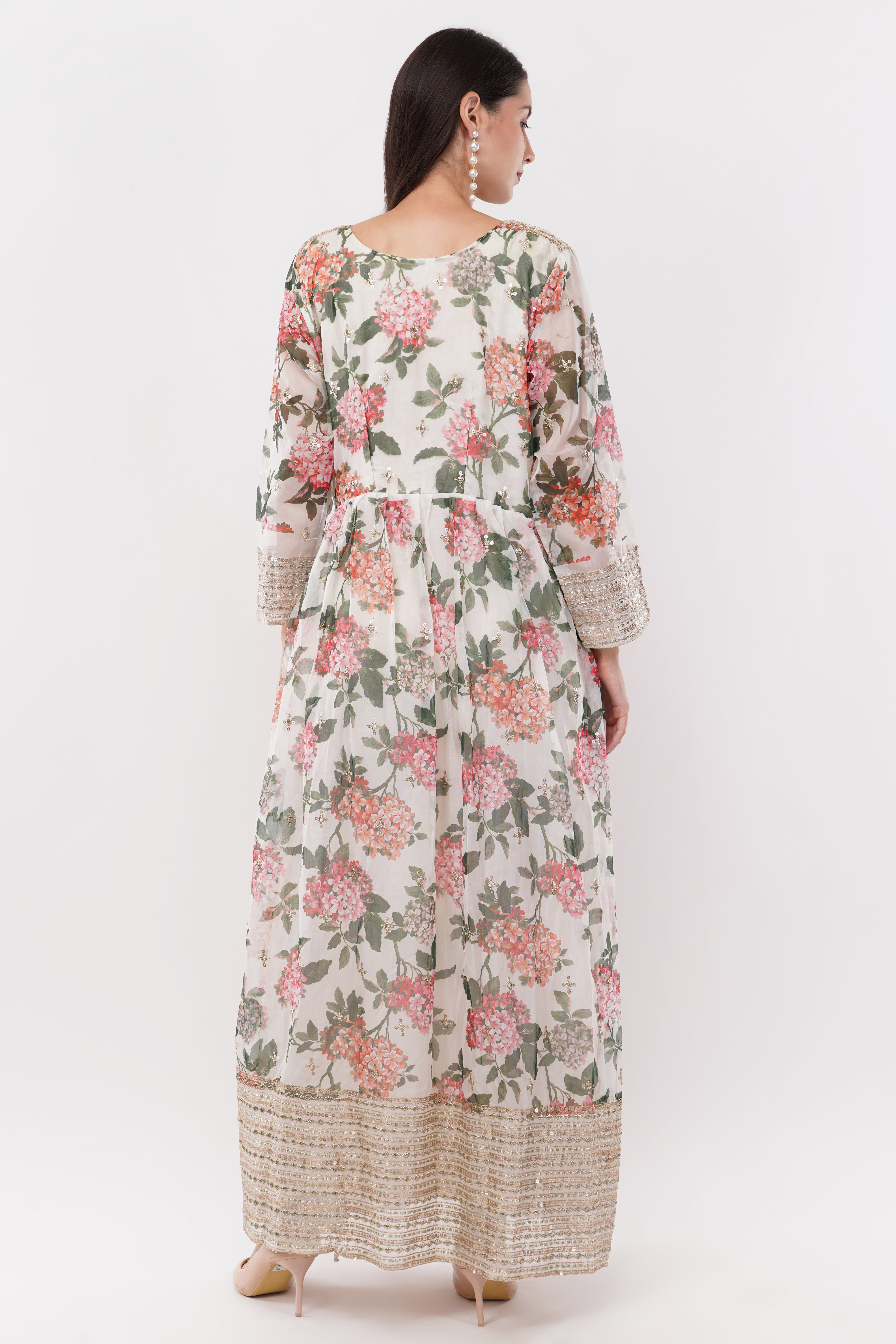 Off White Printed Anarkali Gown Set - Set Of 3