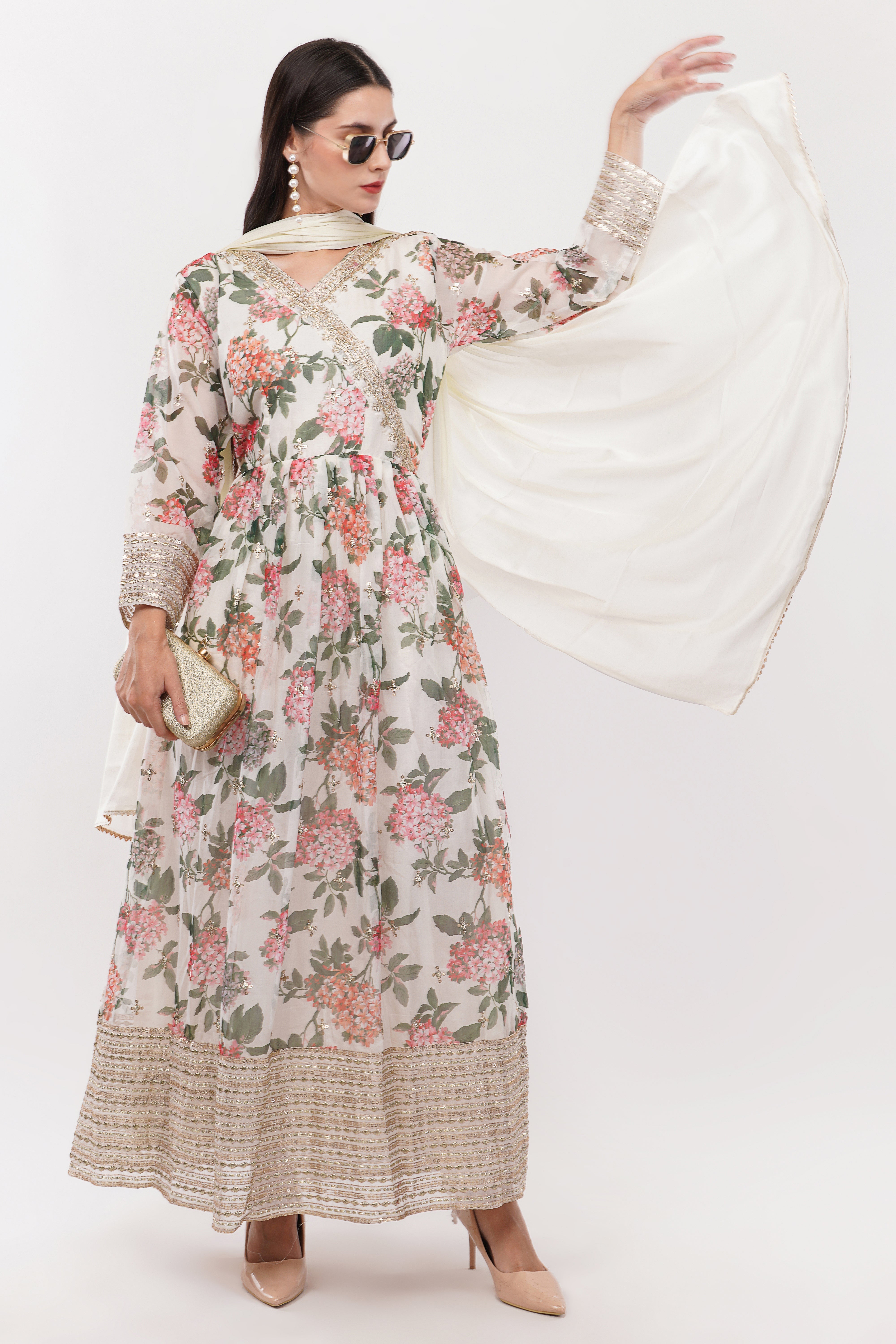 Off White Printed Anarkali Gown Set - Set Of 3