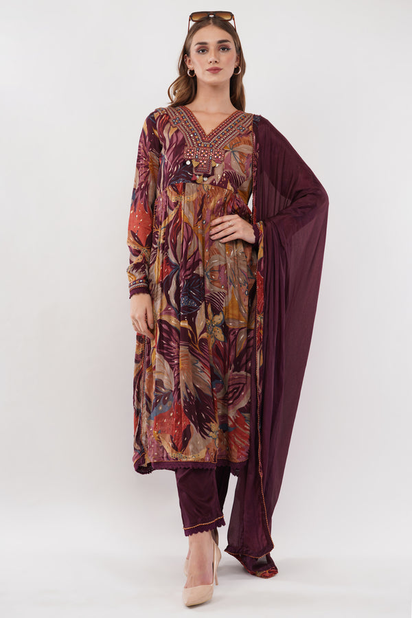 Wine Pure Chinon Chiffon Digital Printed With Chiffon Dupatta Anarkali - Set Of 3