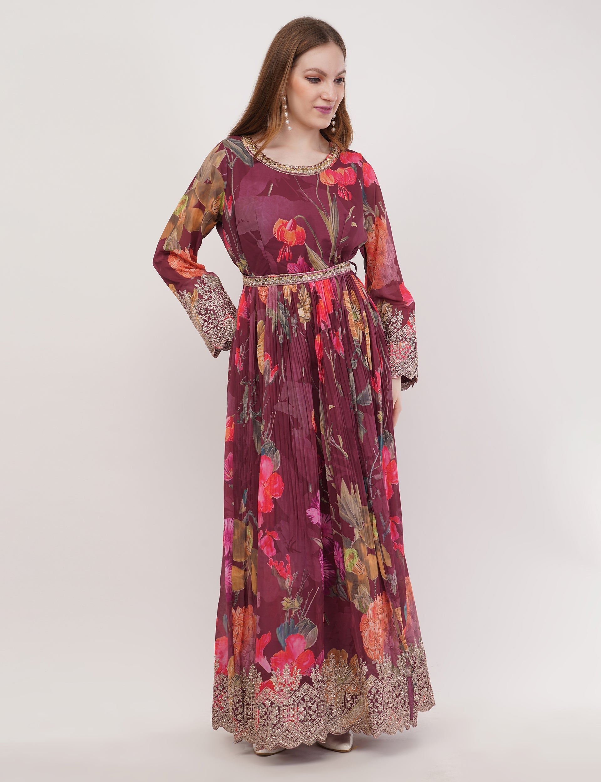 Wine Printed Anarkali Set With Slit & Dupatta - Set Of 3