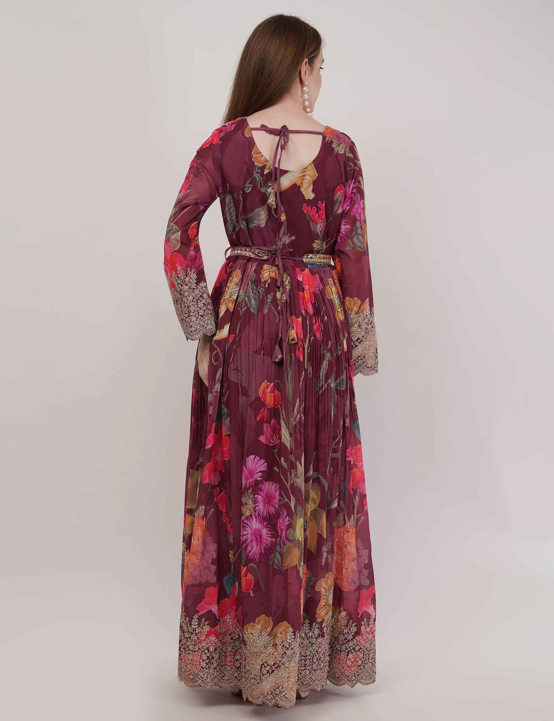 Wine Printed Anarkali Set With Slit & Dupatta - Set Of 3