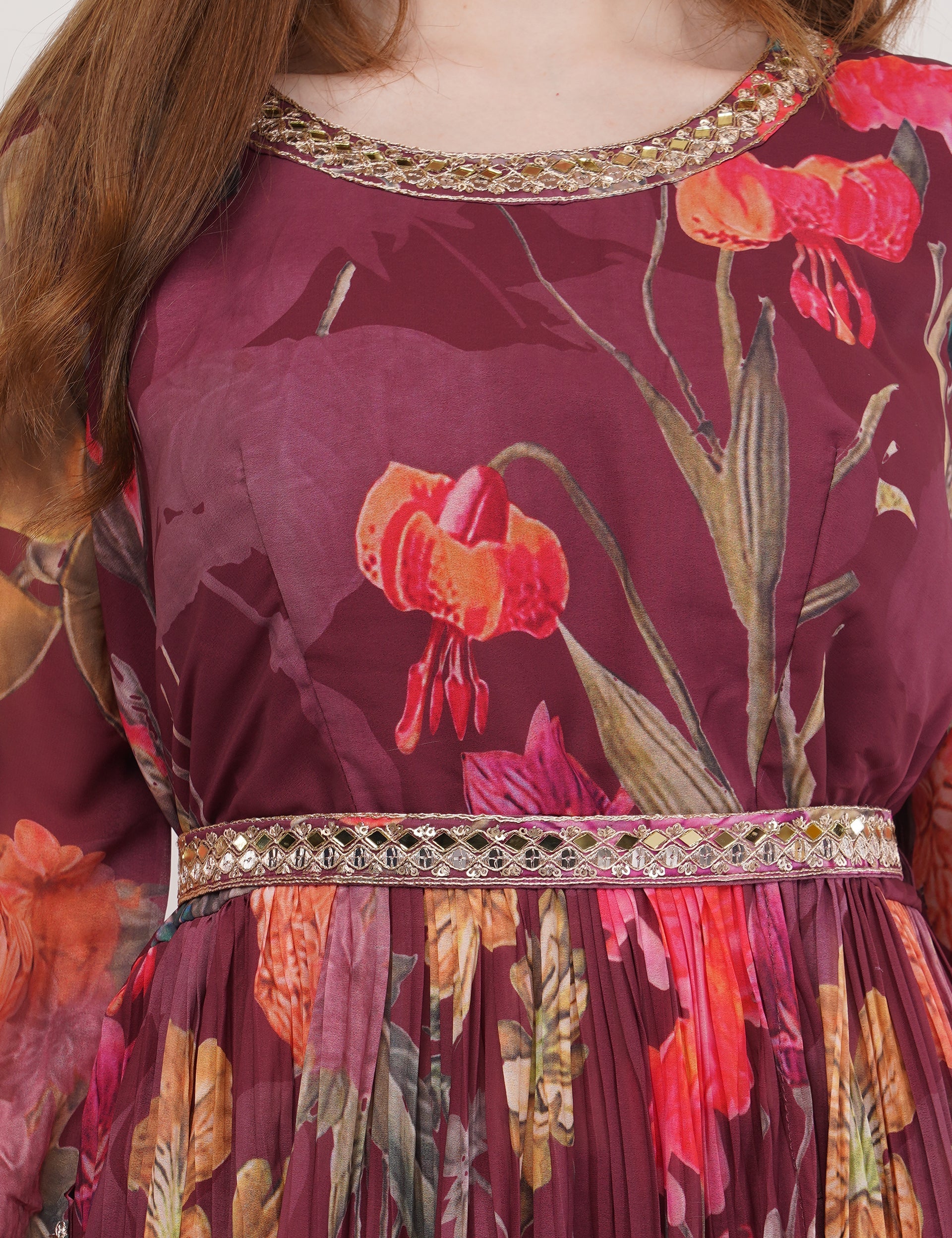 Wine Printed Anarkali Set With Slit & Dupatta - Set Of 3