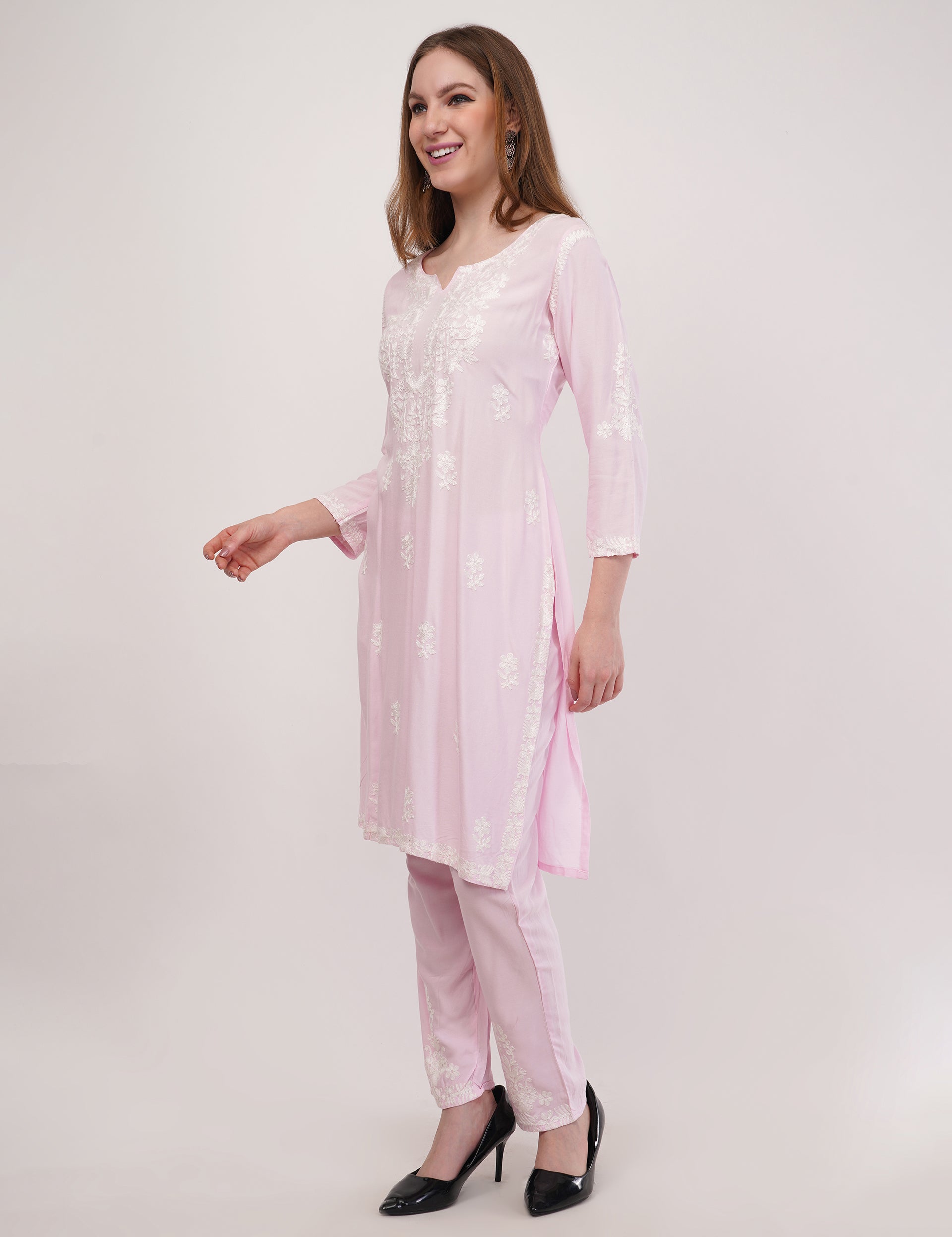 Light Pink Ethnic Kurti Co-Ord Set With White Embroidery - Set Of 2