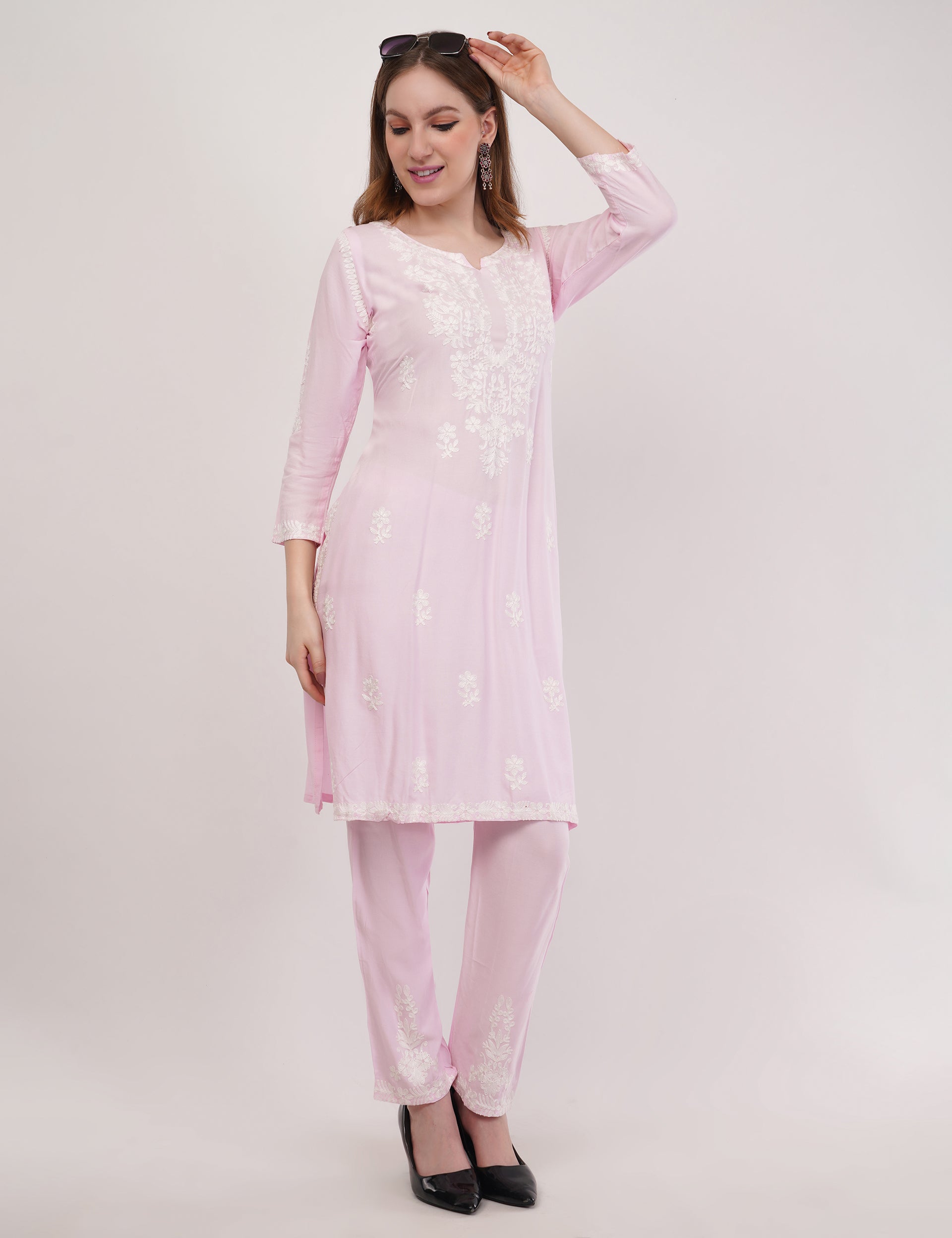 Light Pink Ethnic Kurti Co-Ord Set With White Embroidery - Set Of 2