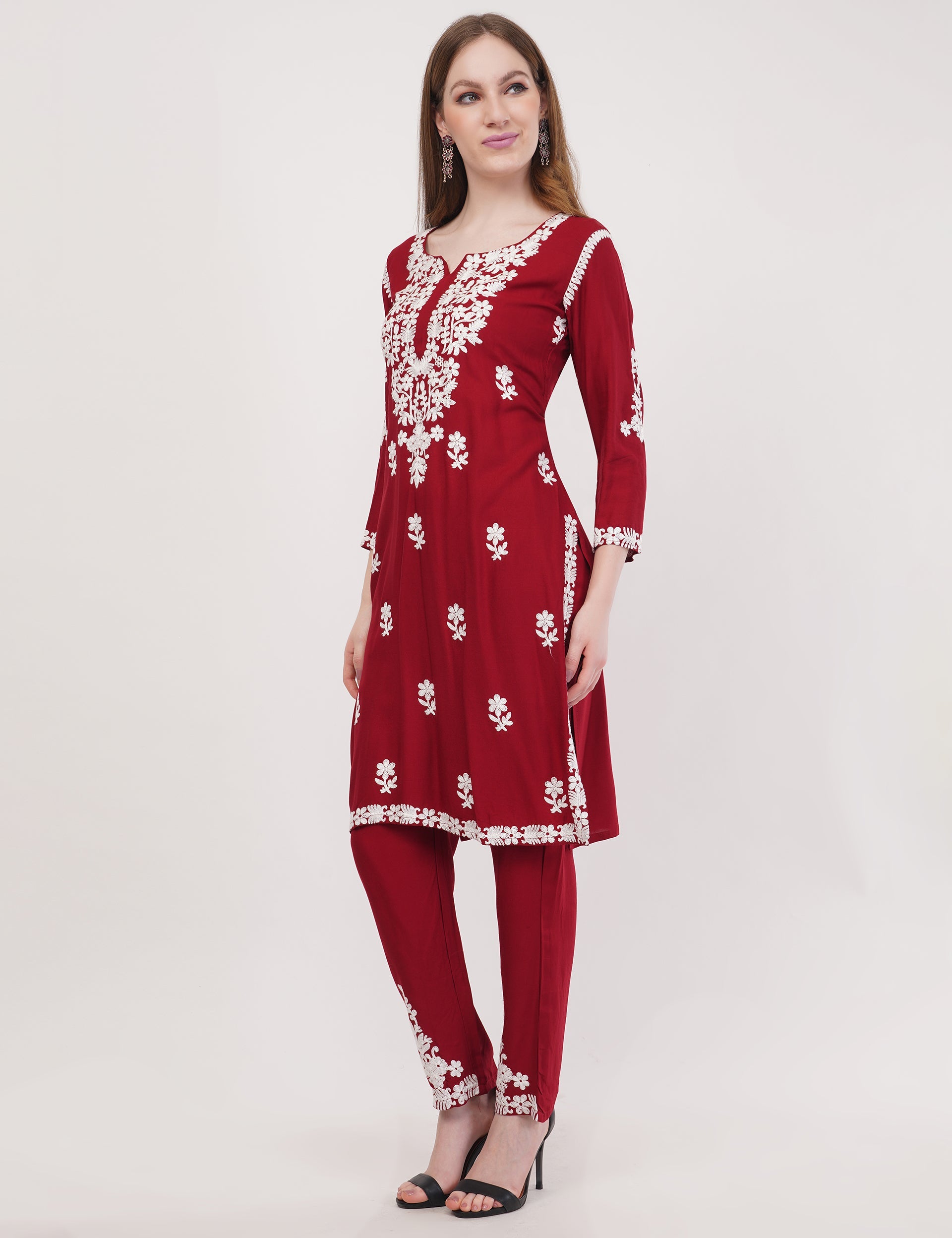 Maroon Ethnic Kurti Co-Ord Set With White Embroidery - Set Of 2