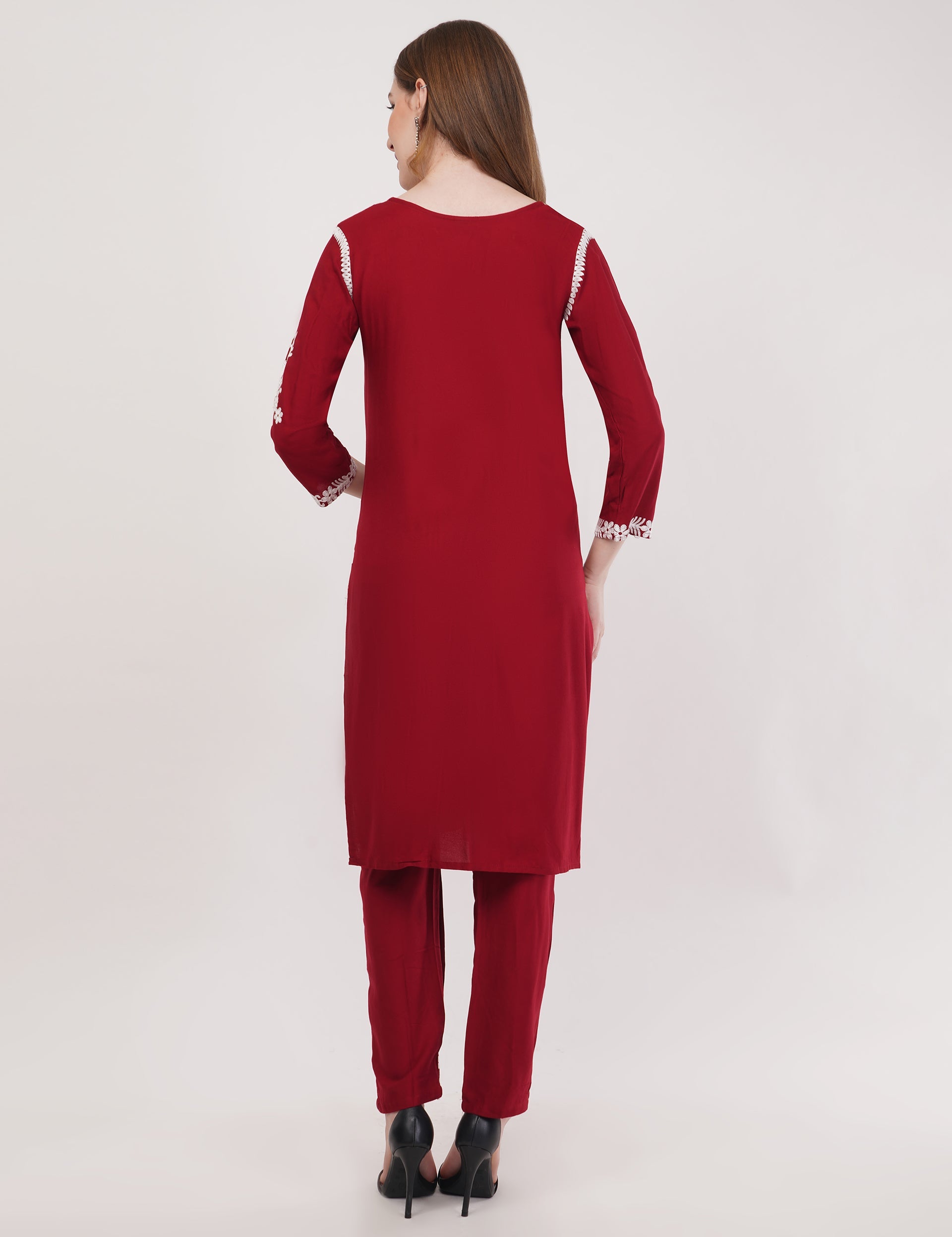 Maroon Ethnic Kurti Co-Ord Set With White Embroidery - Set Of 2