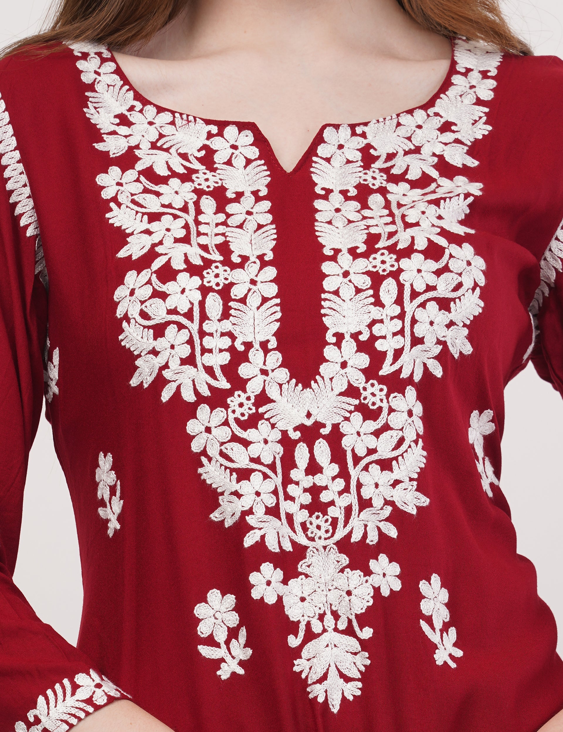 Maroon Ethnic Kurti Co-Ord Set With White Embroidery - Set Of 2