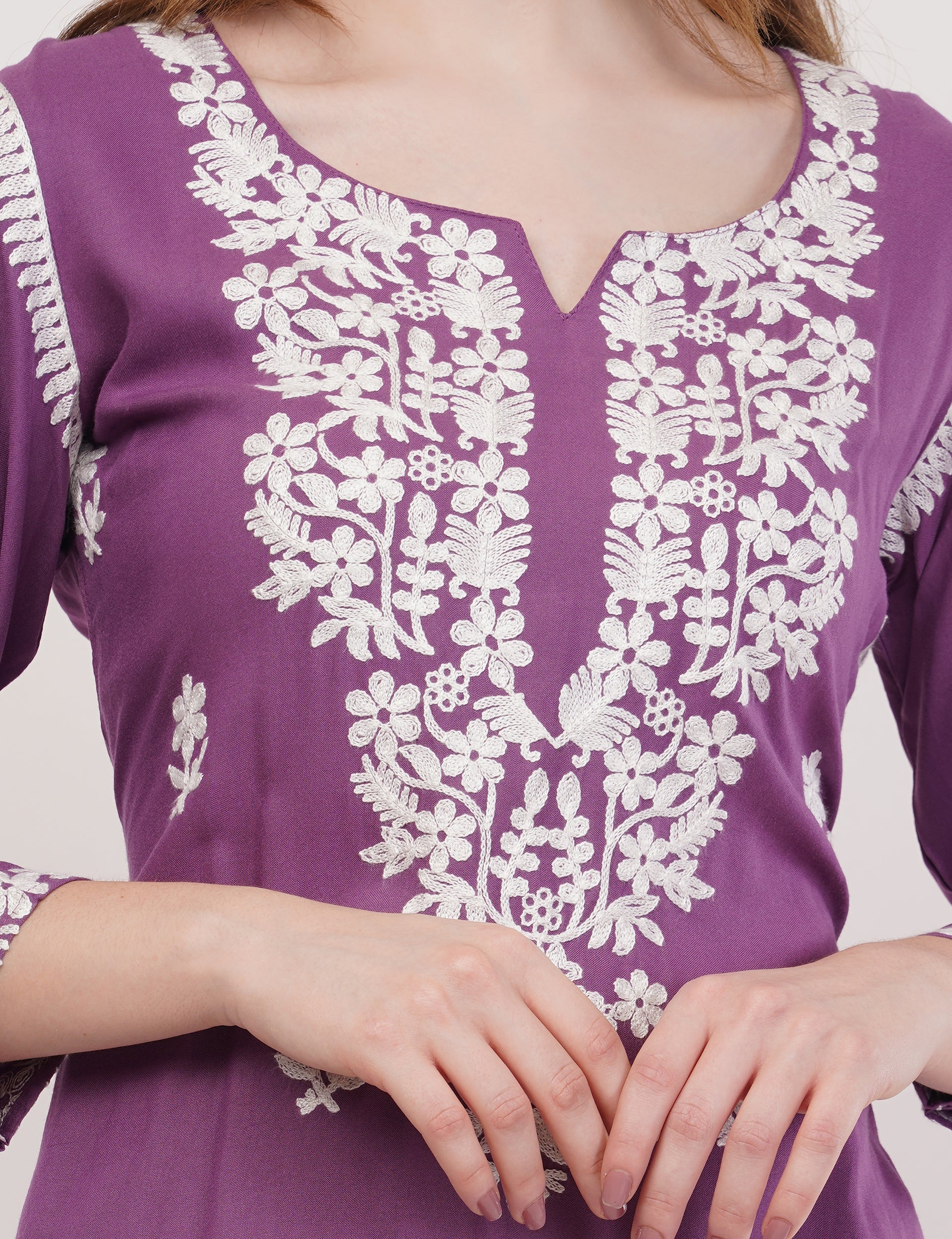 Purple Ethnic Kurti Co-Ord Set With White Embroidery - Set Of 2