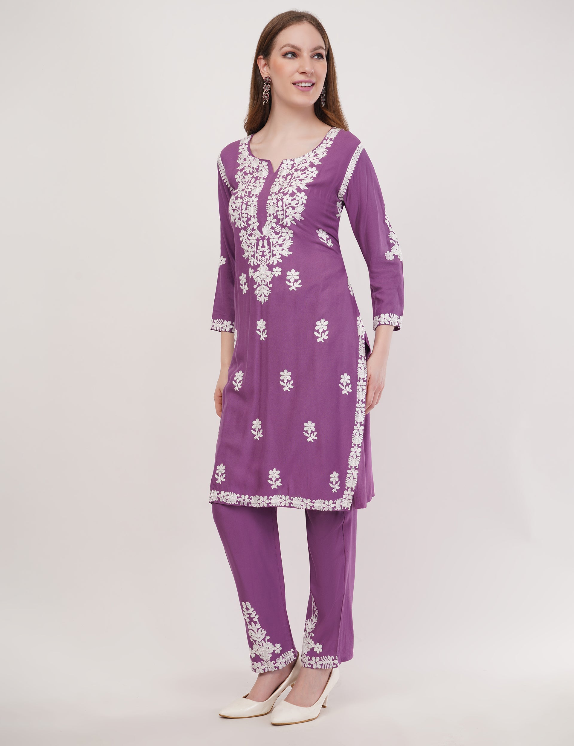 Purple Ethnic Kurti Co-Ord Set With White Embroidery - Set Of 2