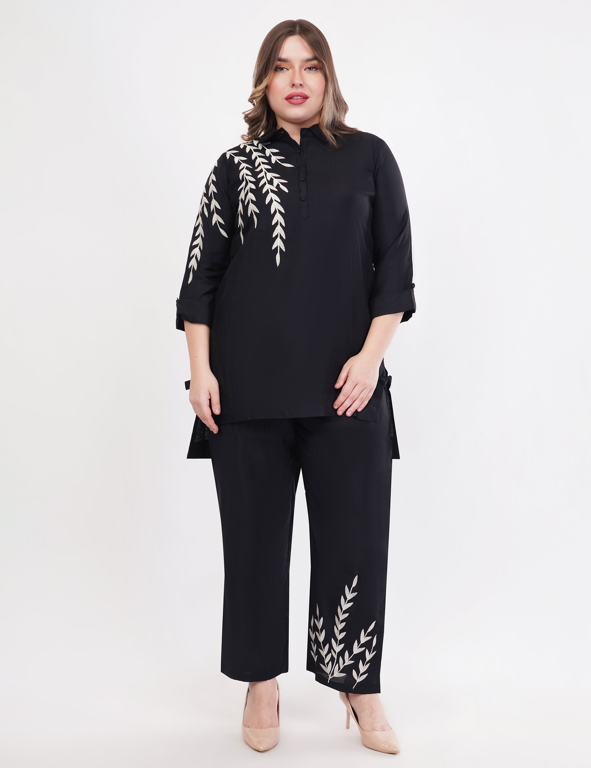 Black Roman Silk Embroidered Shirt Co-Ord Set With Asymmetric Hem - Set Of 2