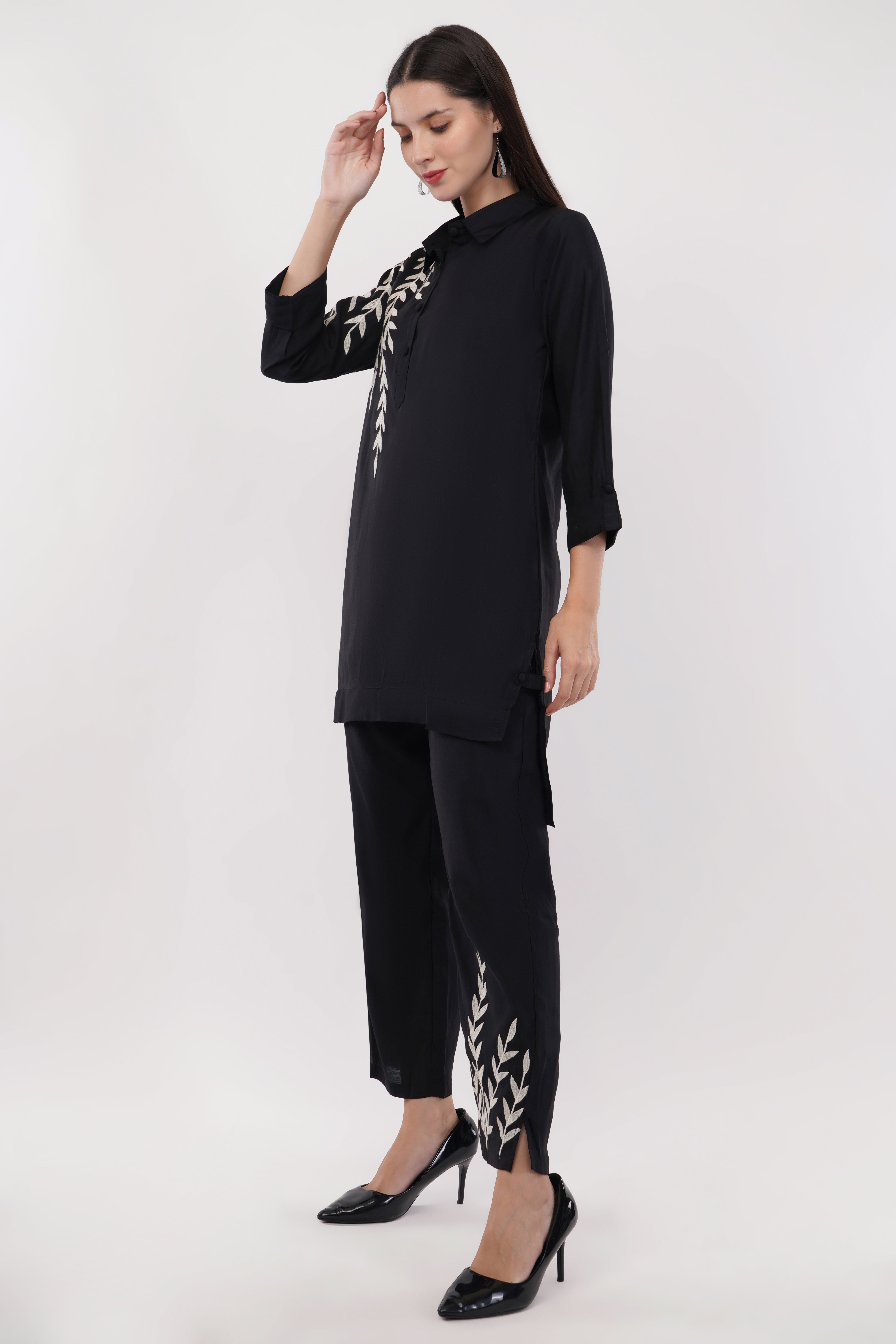 Black Roman Silk Embroidered Shirt Co-Ord Set With Asymmetric Hem - Set Of 2