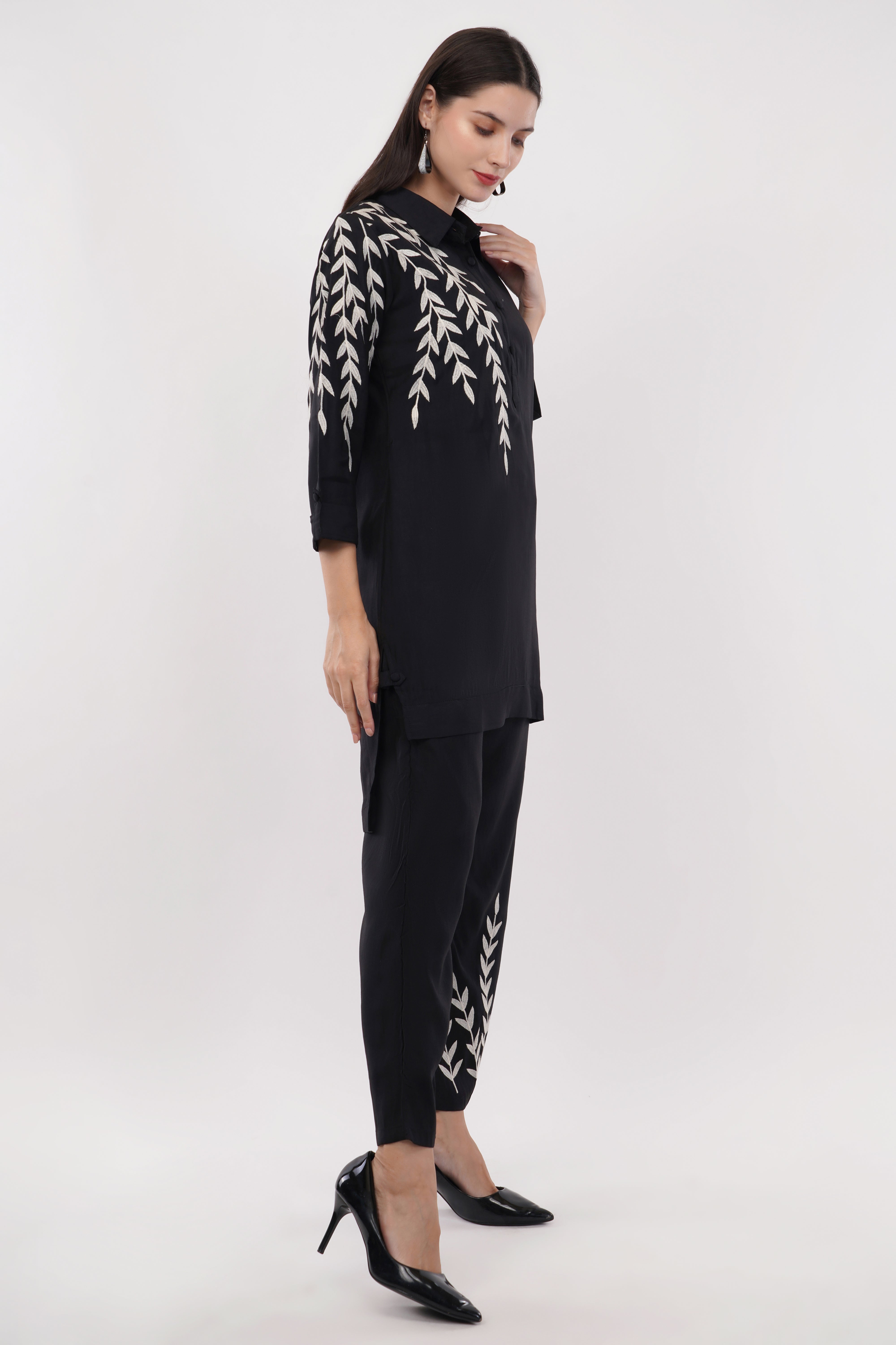 Black Roman Silk Embroidered Shirt Co-Ord Set With Asymmetric Hem - Set Of 2
