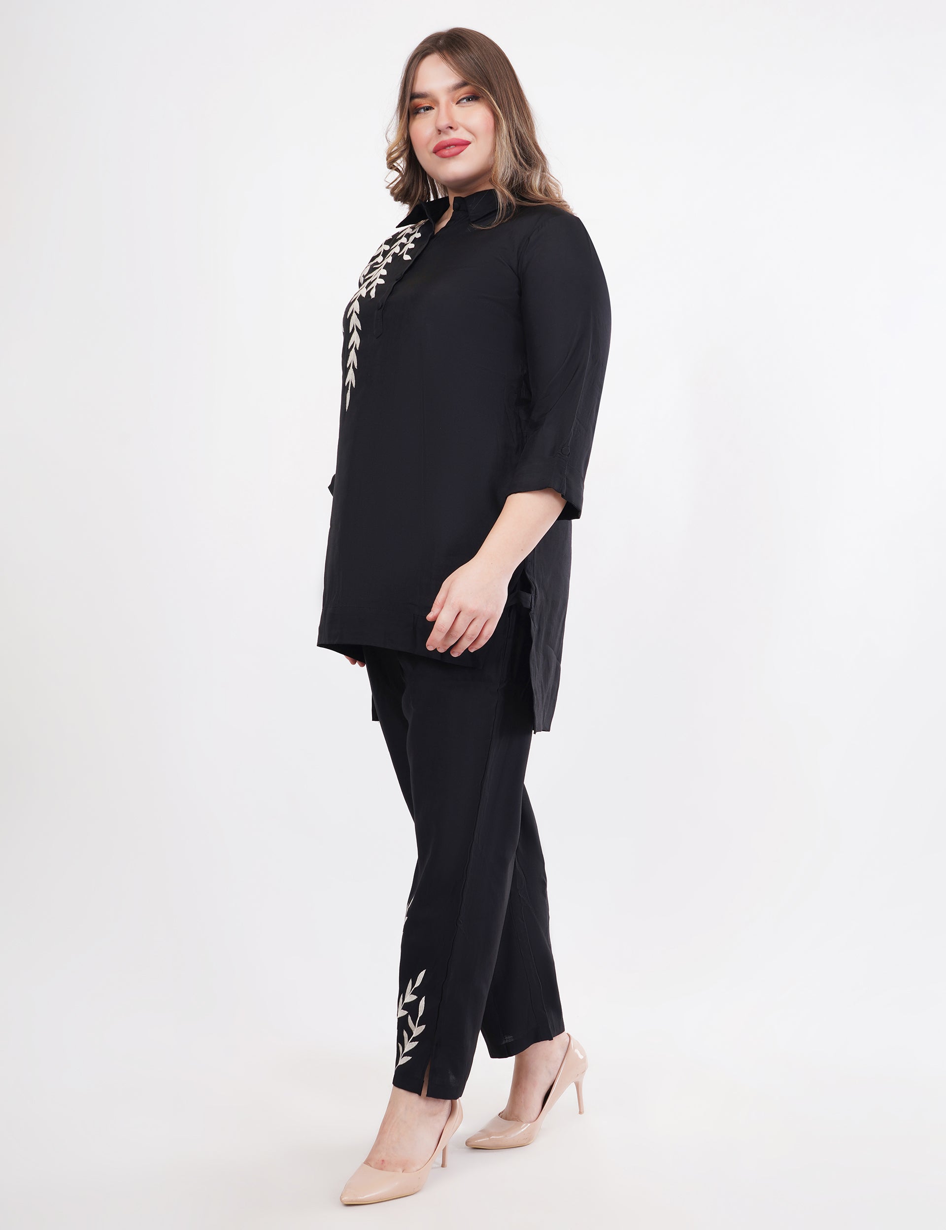 Black Roman Silk Embroidered Shirt Co-Ord Set With Asymmetric Hem - Set Of 2