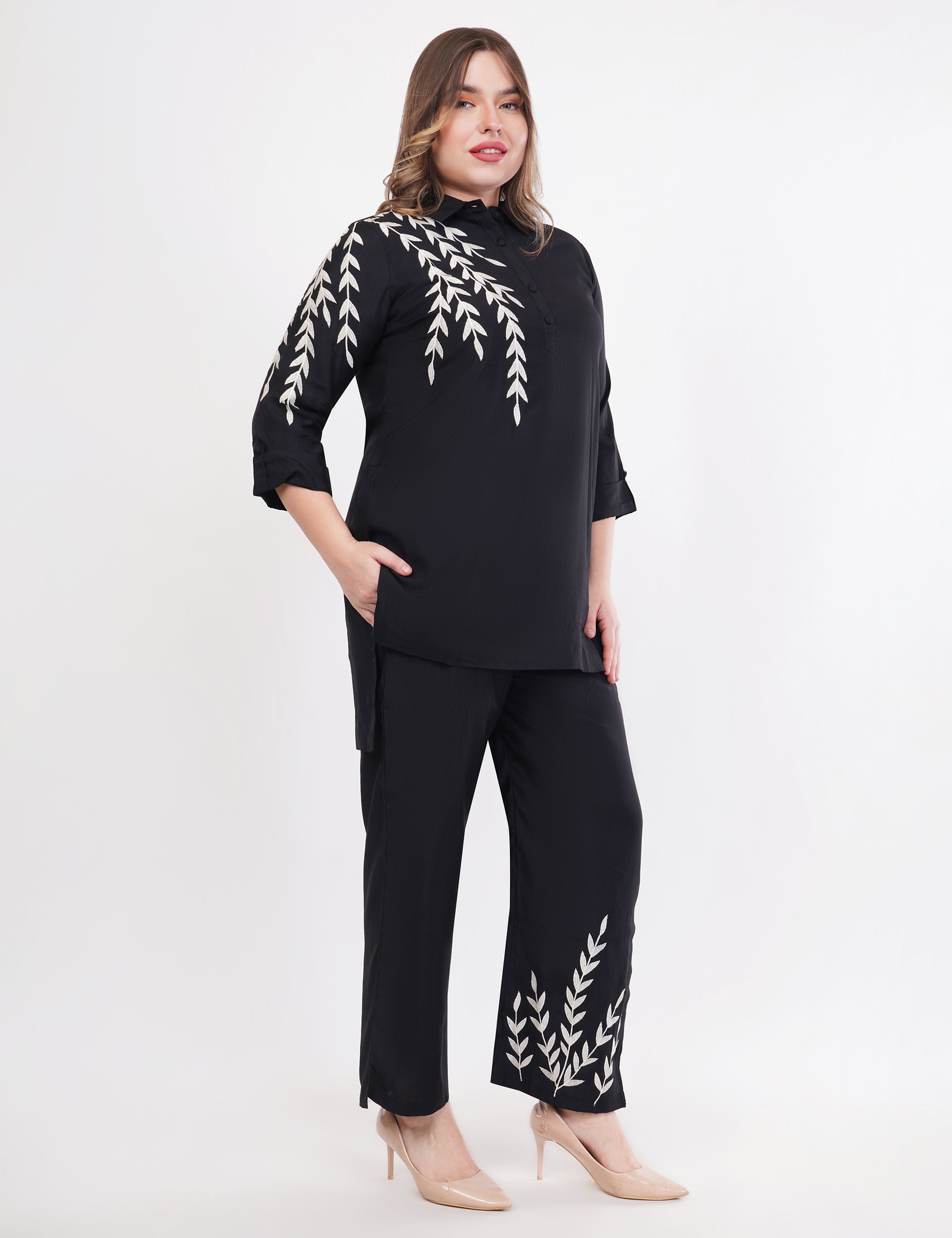 Black Roman Silk Embroidered Shirt Co-Ord Set With Asymmetric Hem - Set Of 2