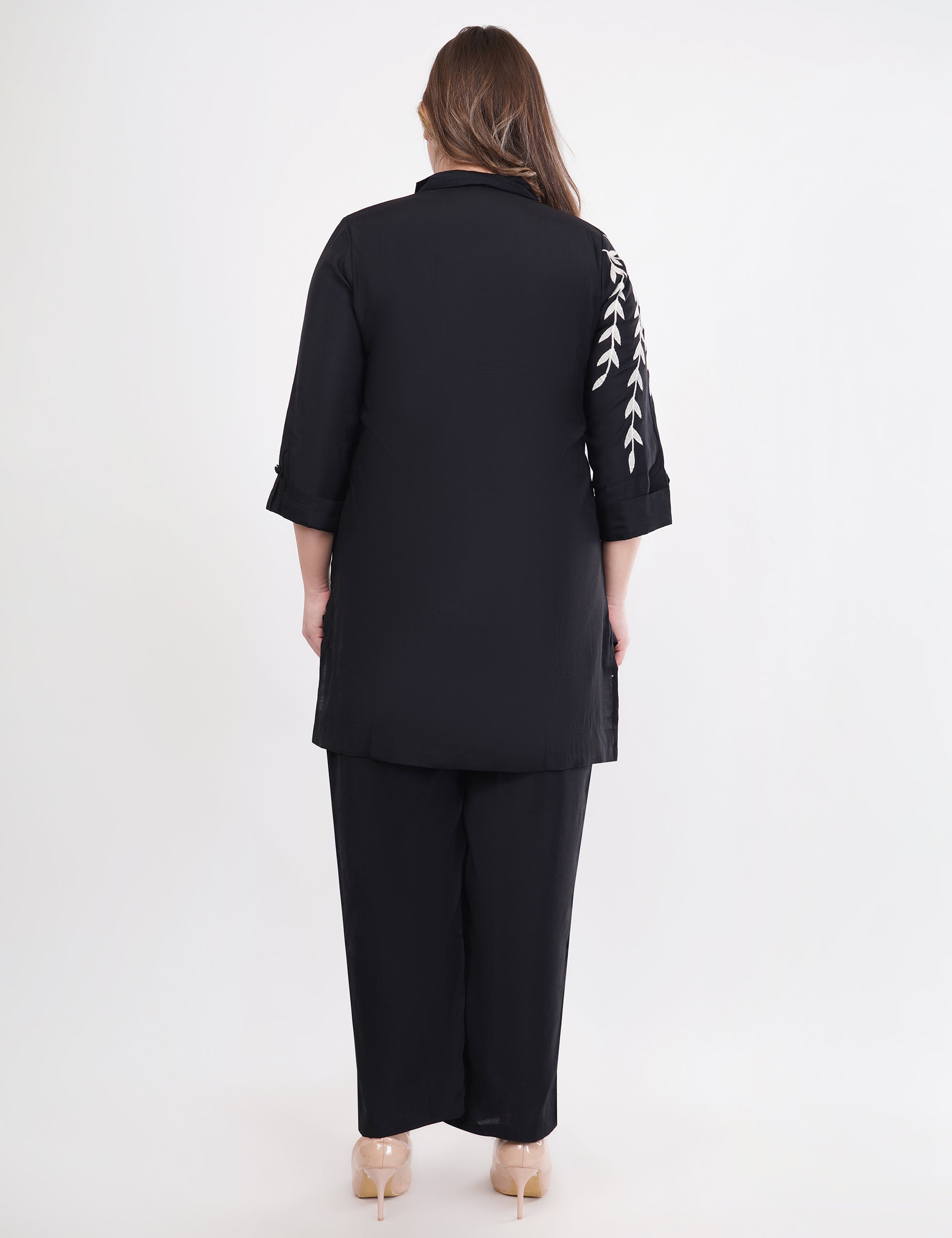 Black Roman Silk Embroidered Shirt Co-Ord Set With Asymmetric Hem - Set Of 2