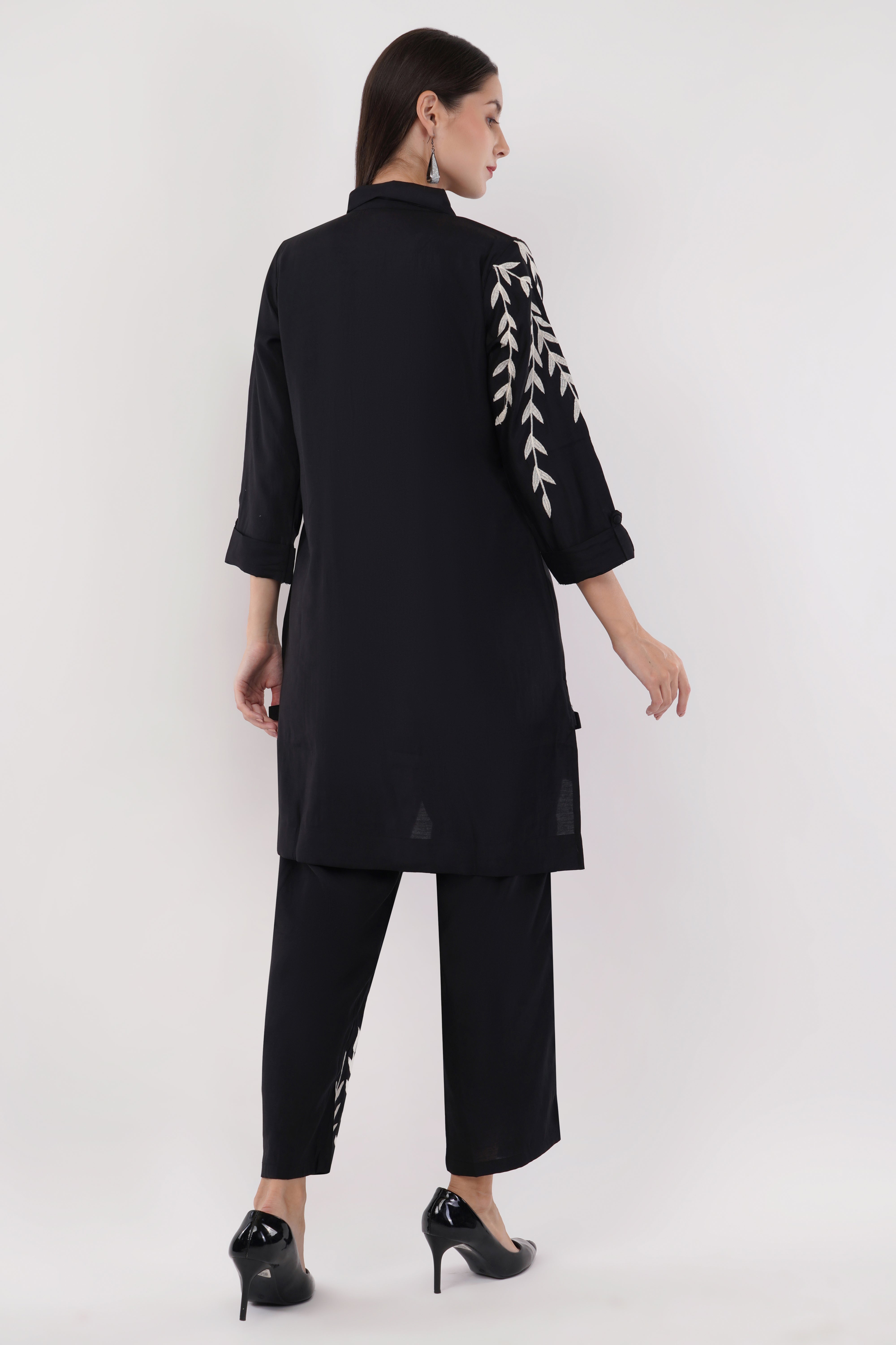 Black Roman Silk Embroidered Shirt Co-Ord Set With Asymmetric Hem - Set Of 2