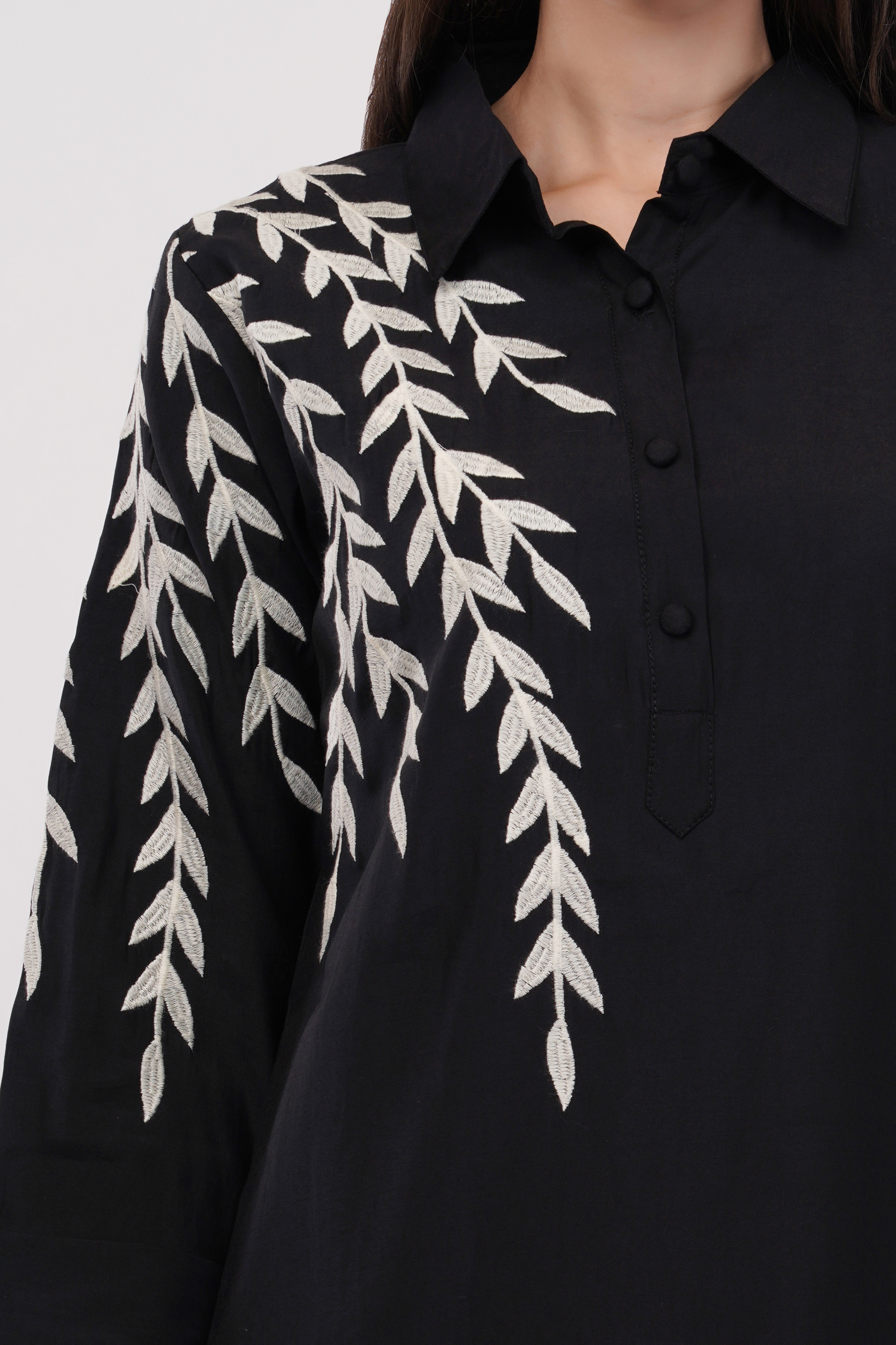 Black Roman Silk Embroidered Shirt Co-Ord Set With Asymmetric Hem - Set Of 2