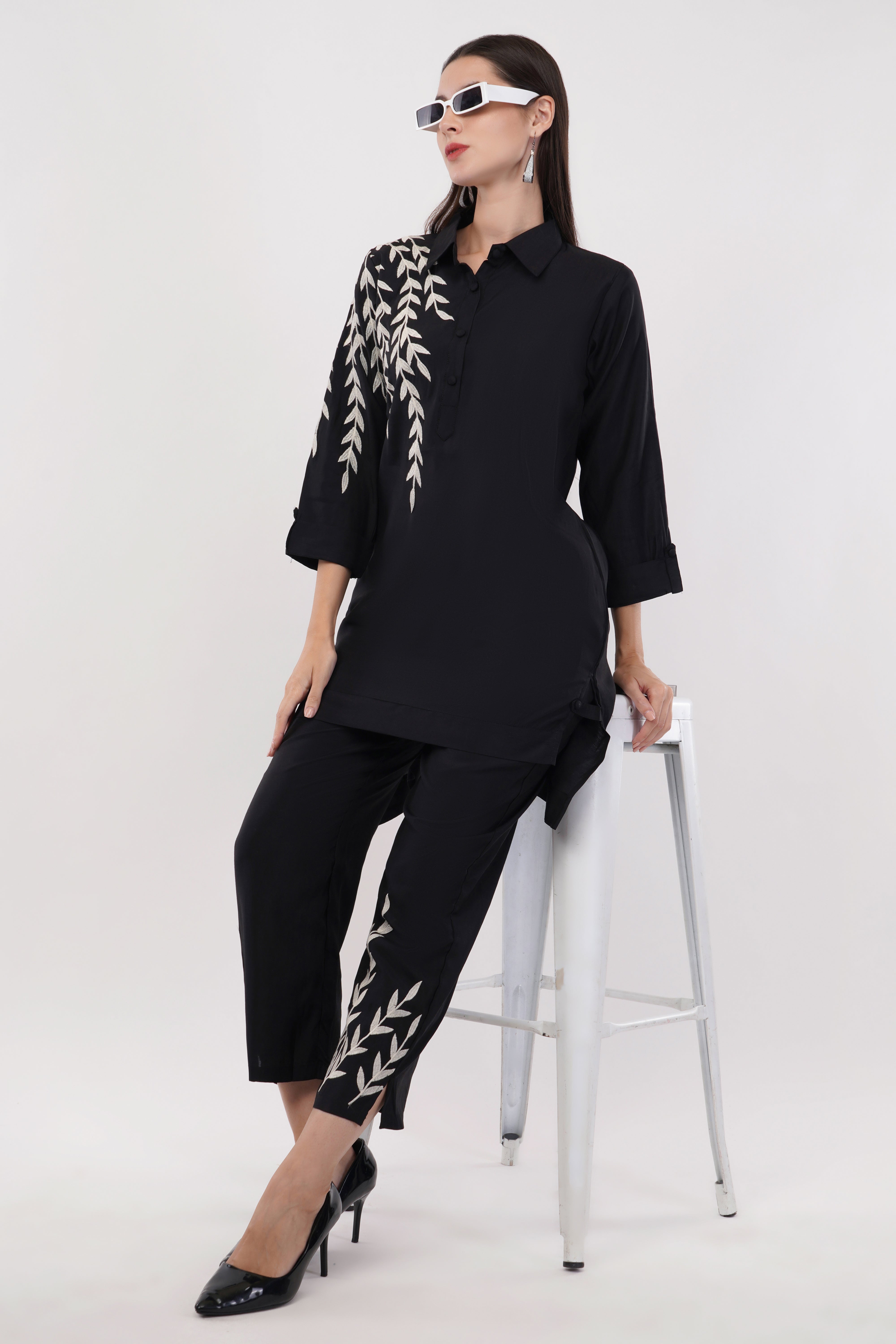 Black Roman Silk Embroidered Shirt Co-Ord Set With Asymmetric Hem - Set Of 2