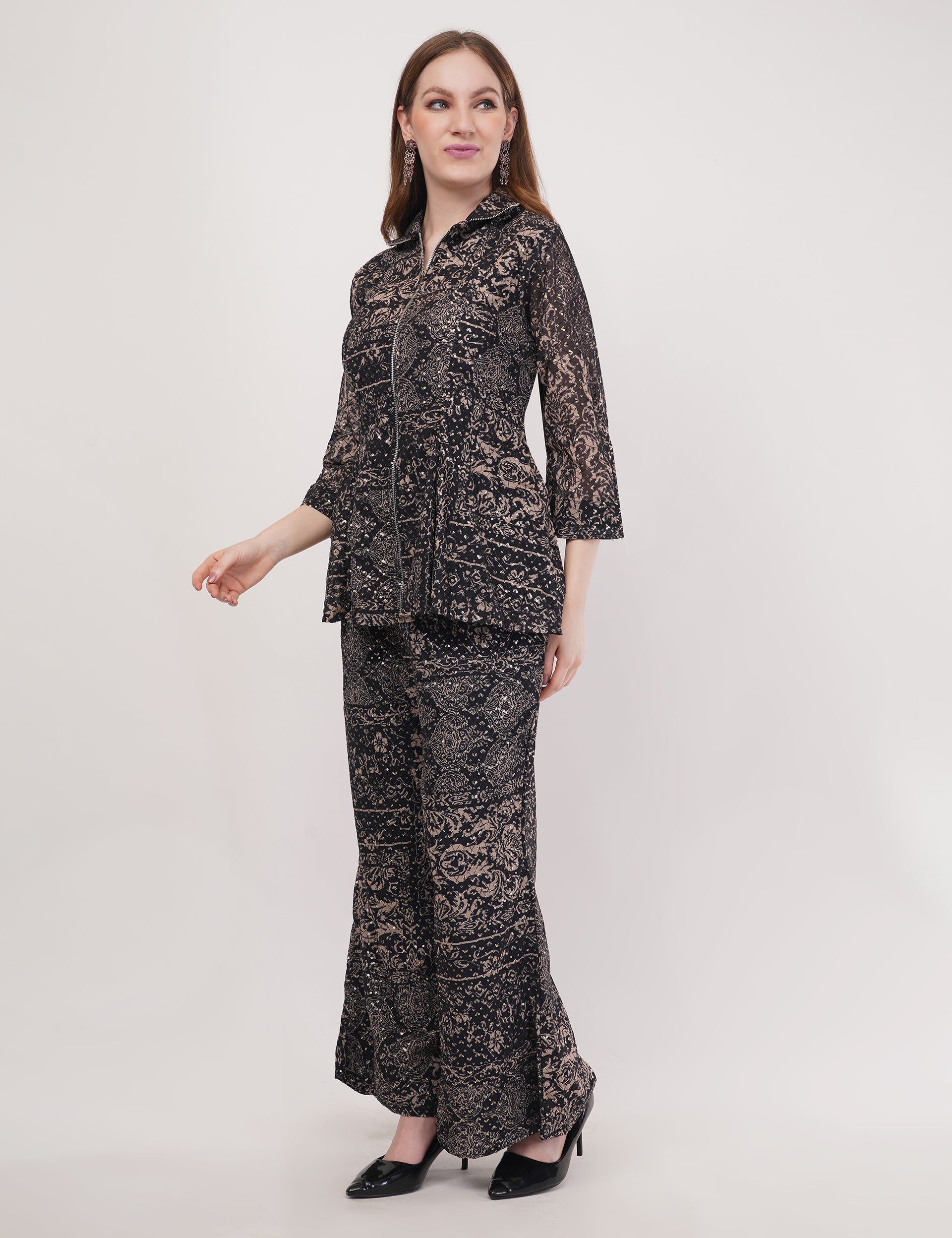 Black Georgette Fabric Printed Co-ord Set - Set of 2