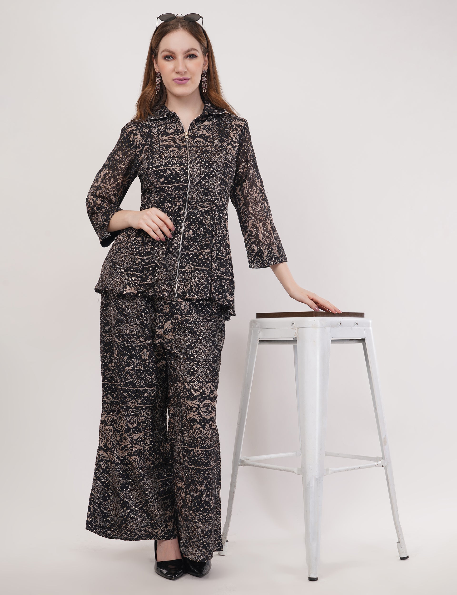 Black Georgette Fabric Printed Co-ord Set - Set of 2