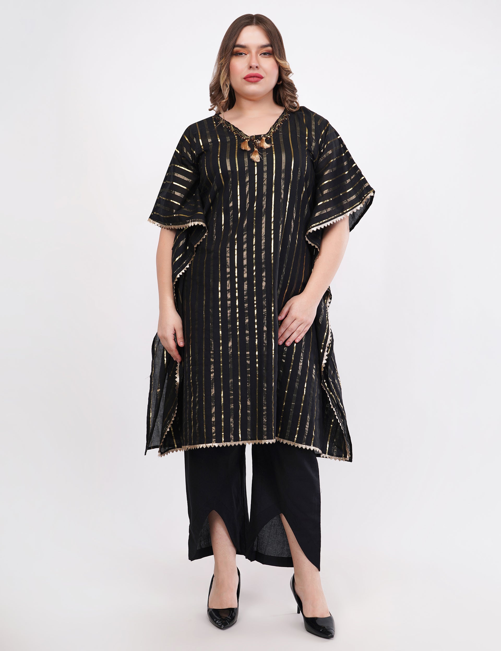 Black Kaftaan Co-Ord Set With Embroidery & Tassel Details - Set Of 2