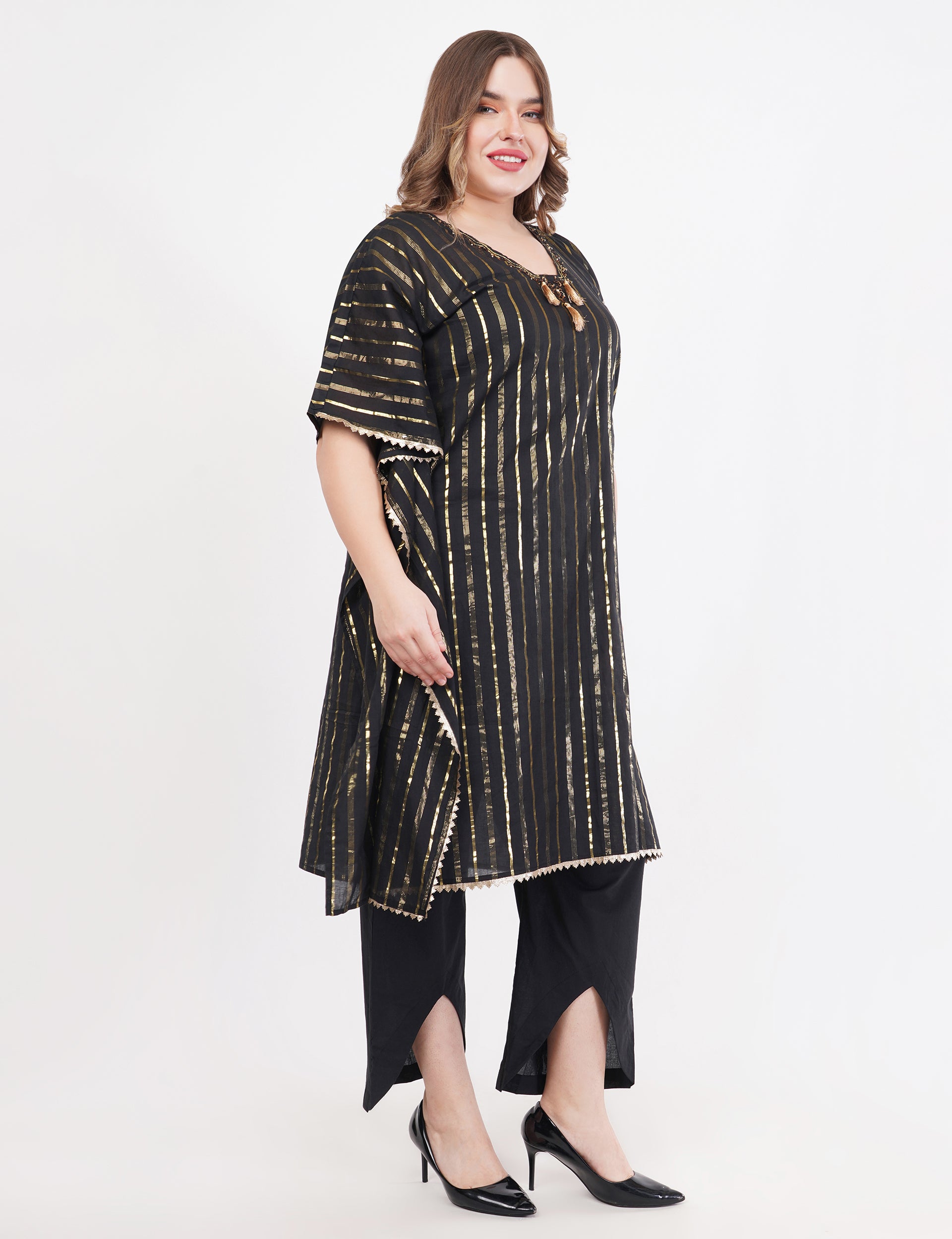 Black Kaftaan Co-Ord Set With Embroidery & Tassel Details - Set Of 2