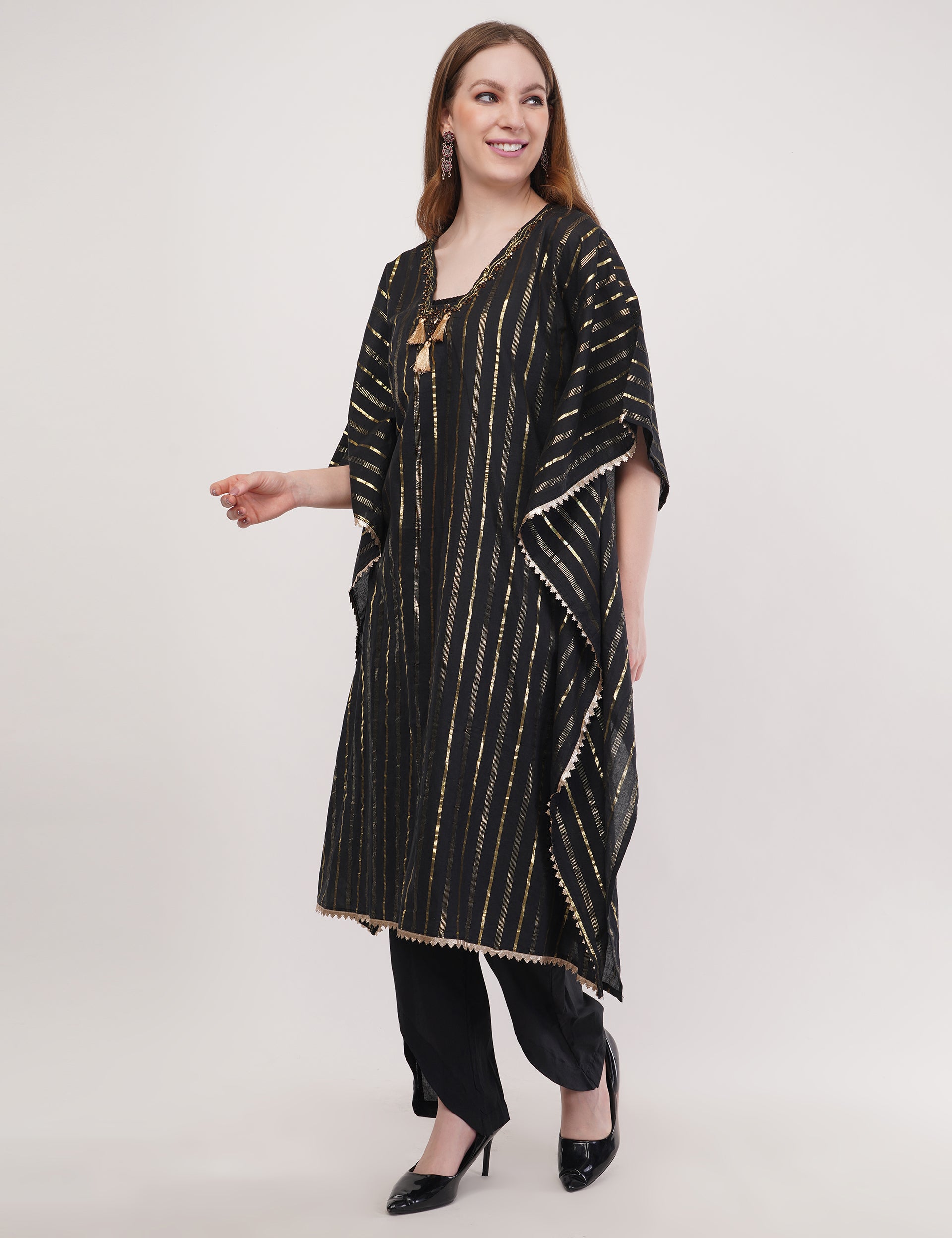 Black Kaftaan Co-Ord Set With Embroidery & Tassel Details - Set Of 2