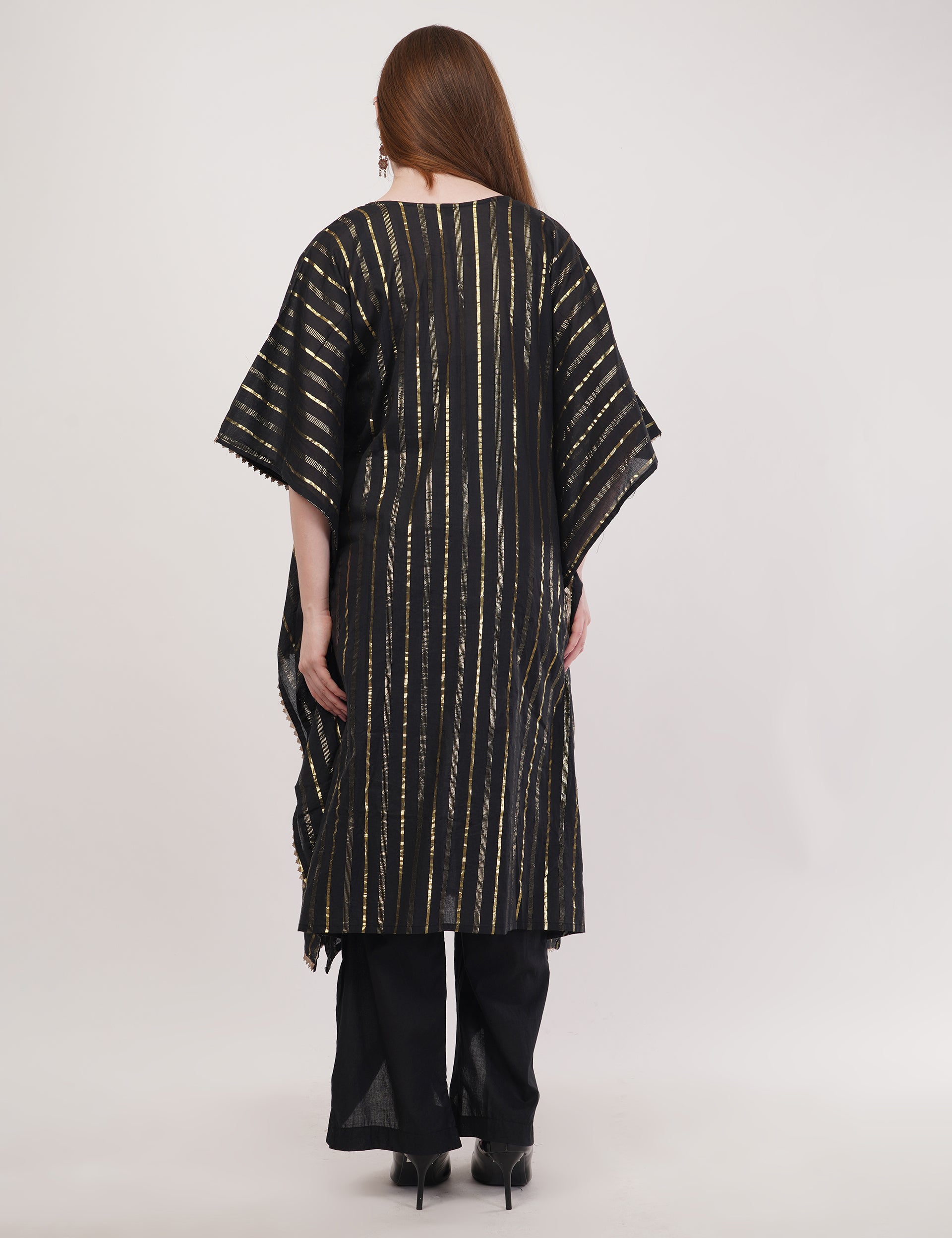 Black Kaftaan Co-Ord Set With Embroidery & Tassel Details - Set Of 2