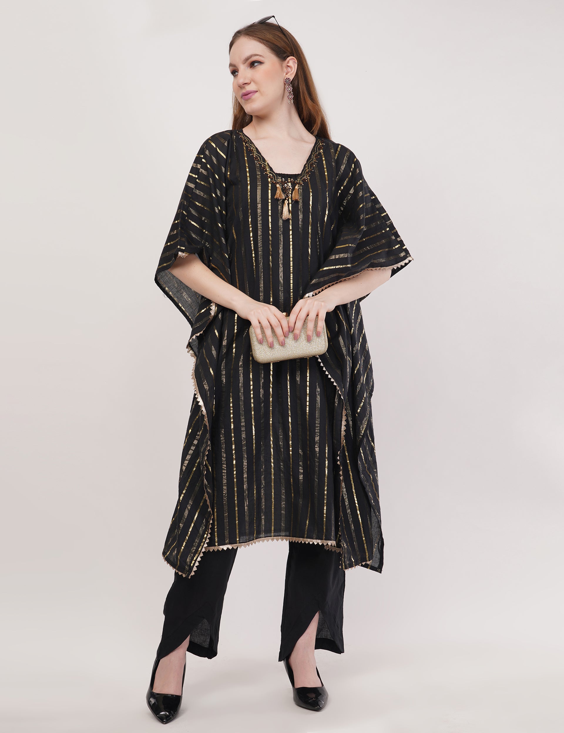 Black Kaftaan Co-Ord Set With Embroidery & Tassel Details - Set Of 2