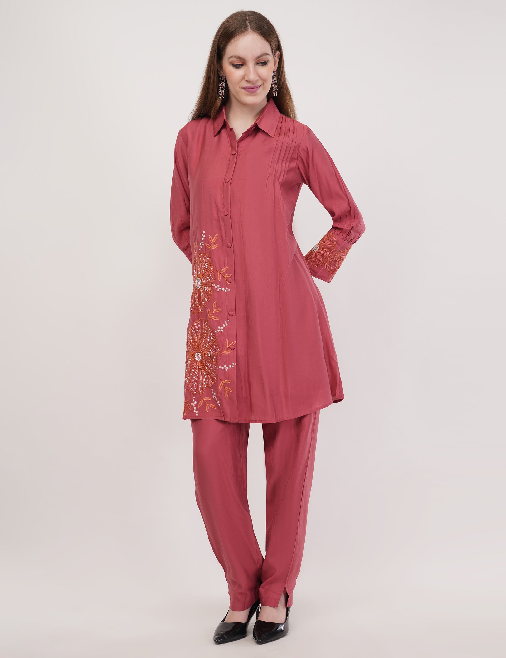 Dusty Rose Roman Silk Embroidered Shirt Co-Ord Set With Asymmetric Hem - Set Of 2