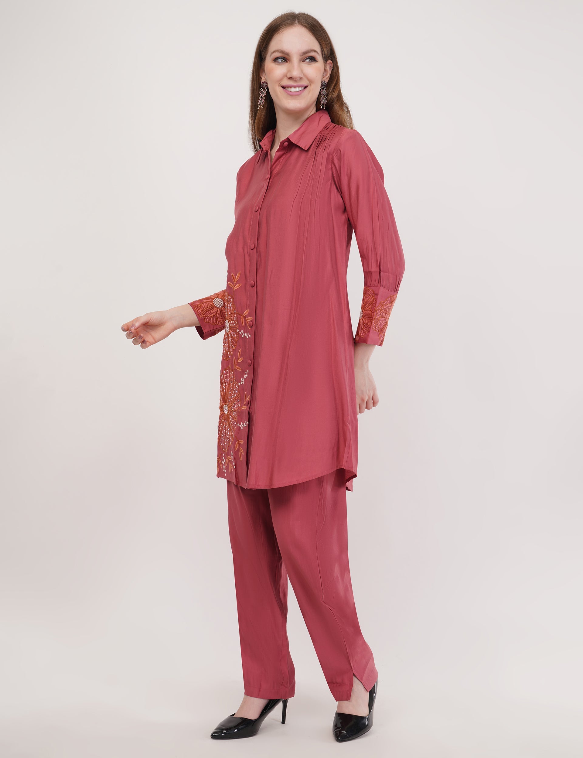 Dusty Rose Roman Silk Embroidered Shirt Co-Ord Set With Asymmetric Hem - Set Of 2