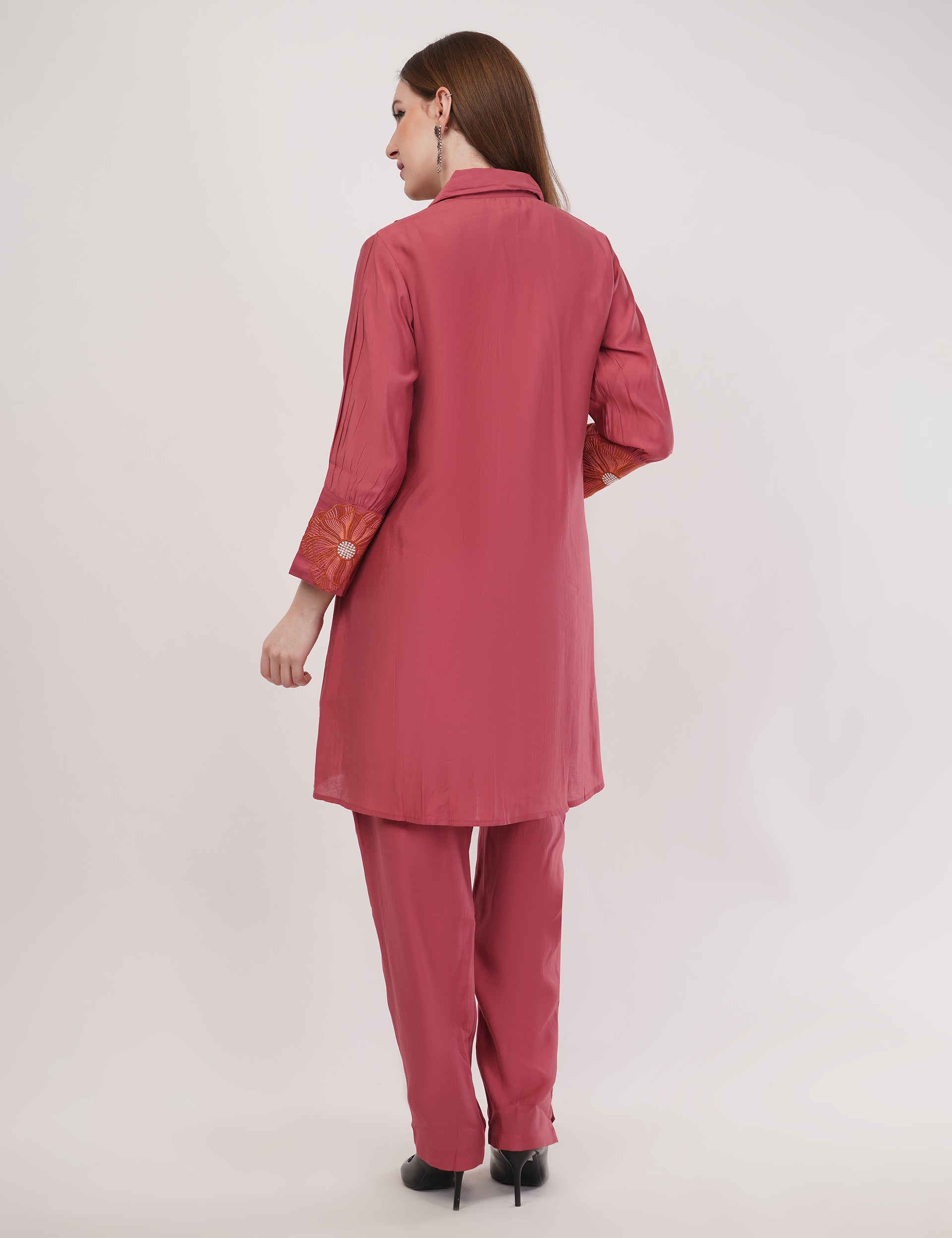 Dusty Rose Roman Silk Embroidered Shirt Co-Ord Set With Asymmetric Hem - Set Of 2