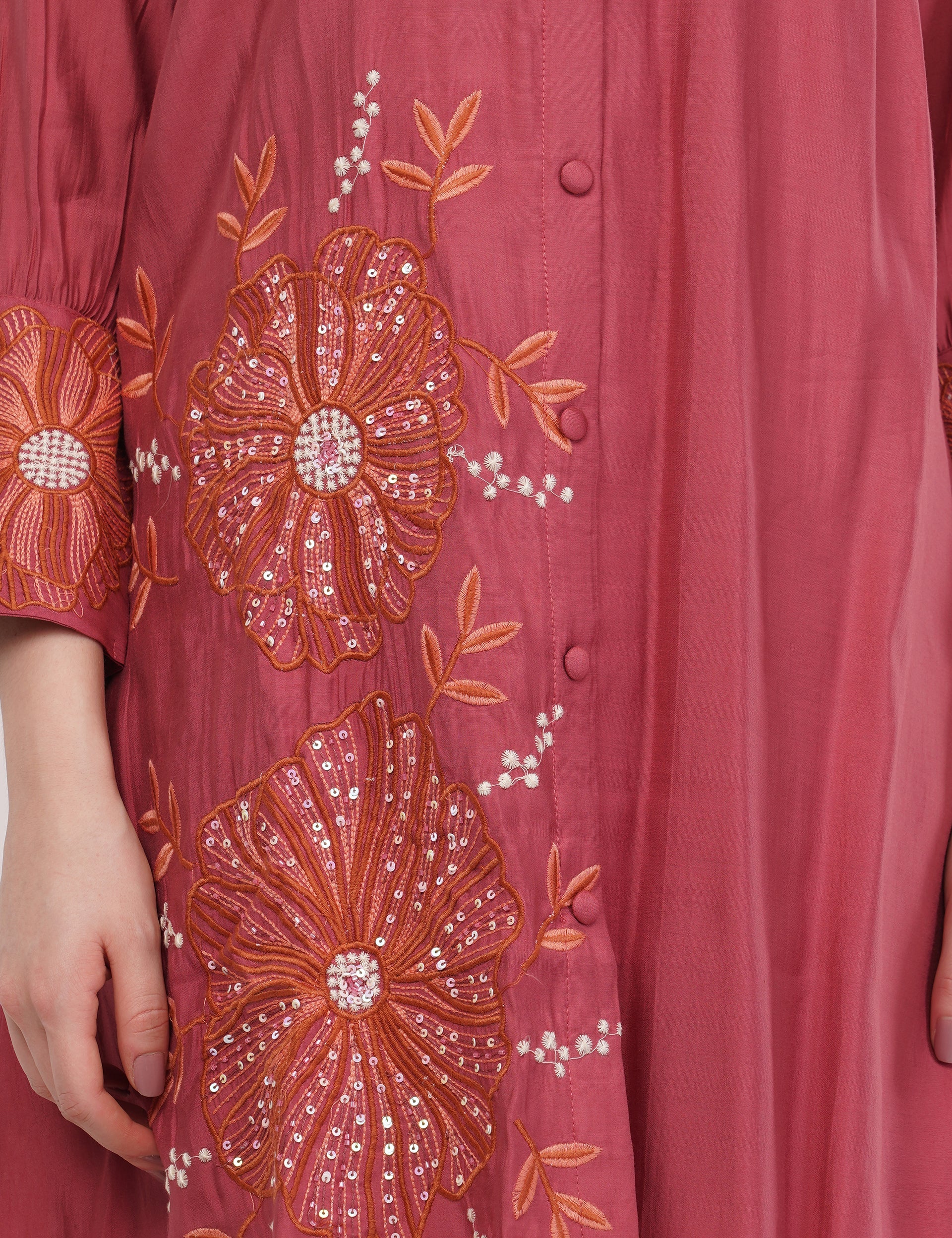 Dusty Rose Roman Silk Embroidered Shirt Co-Ord Set With Asymmetric Hem - Set Of 2