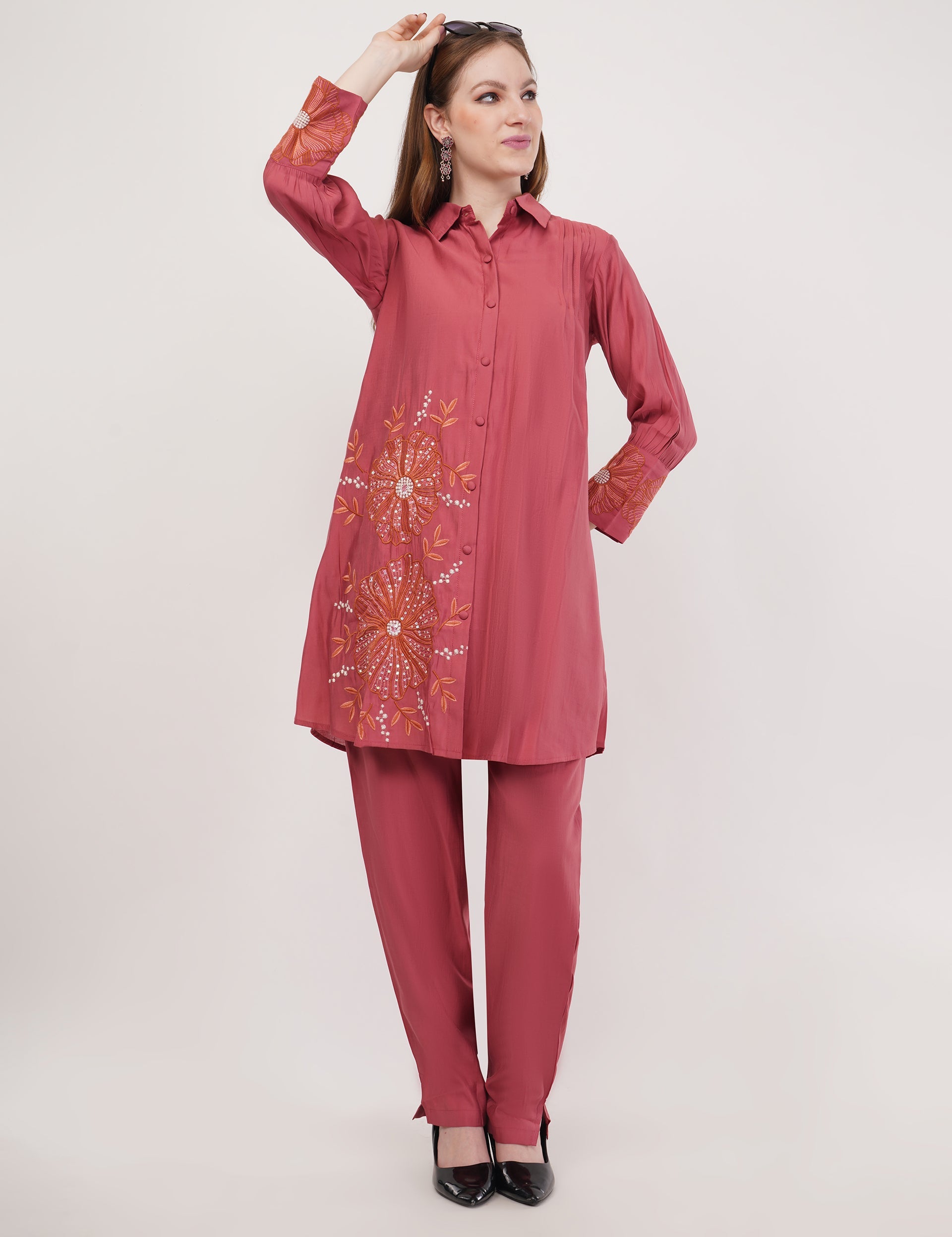 Dusty Rose Roman Silk Embroidered Shirt Co-Ord Set With Asymmetric Hem - Set Of 2