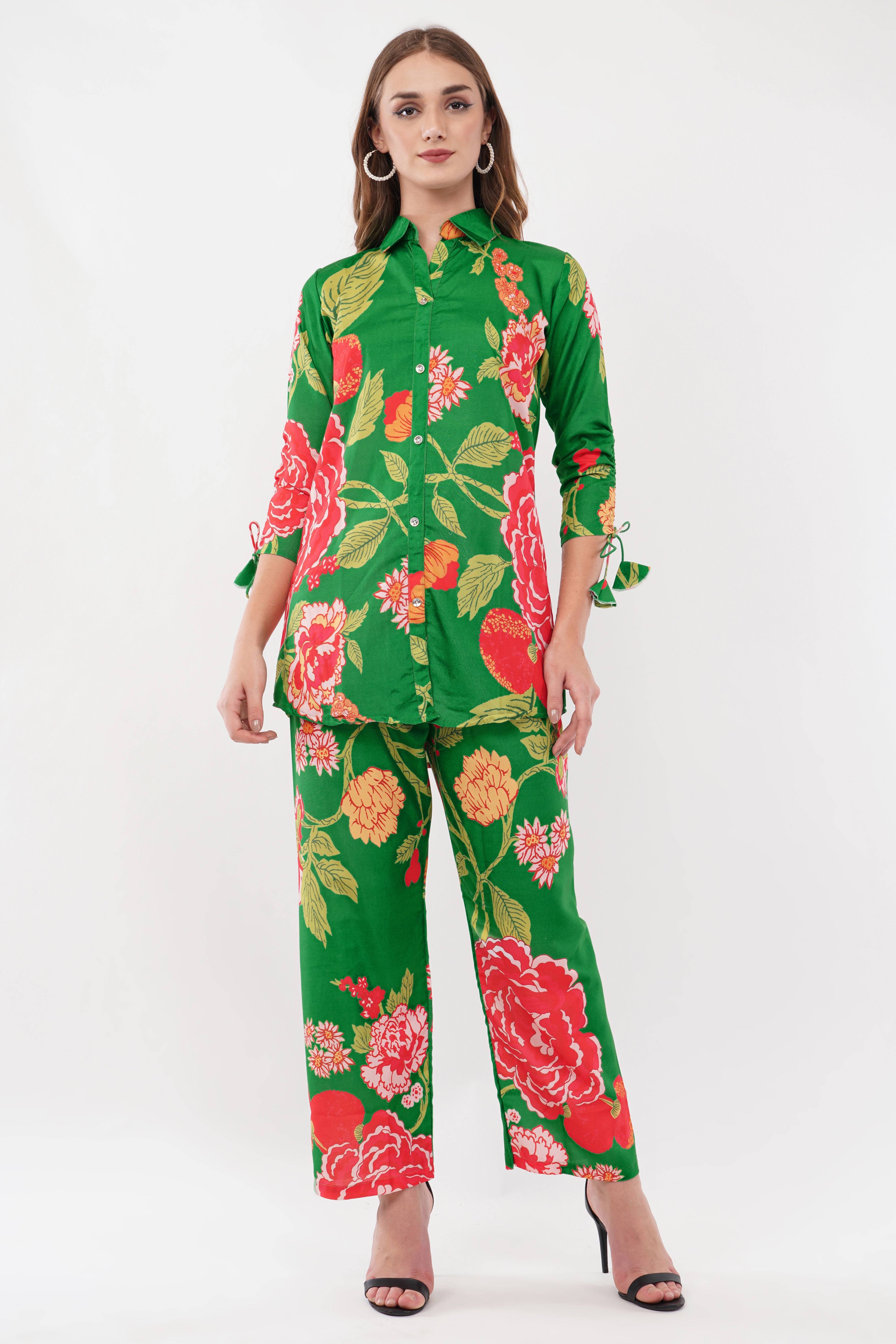 Rayon Green Shirt Co-Ord - Set Of 2