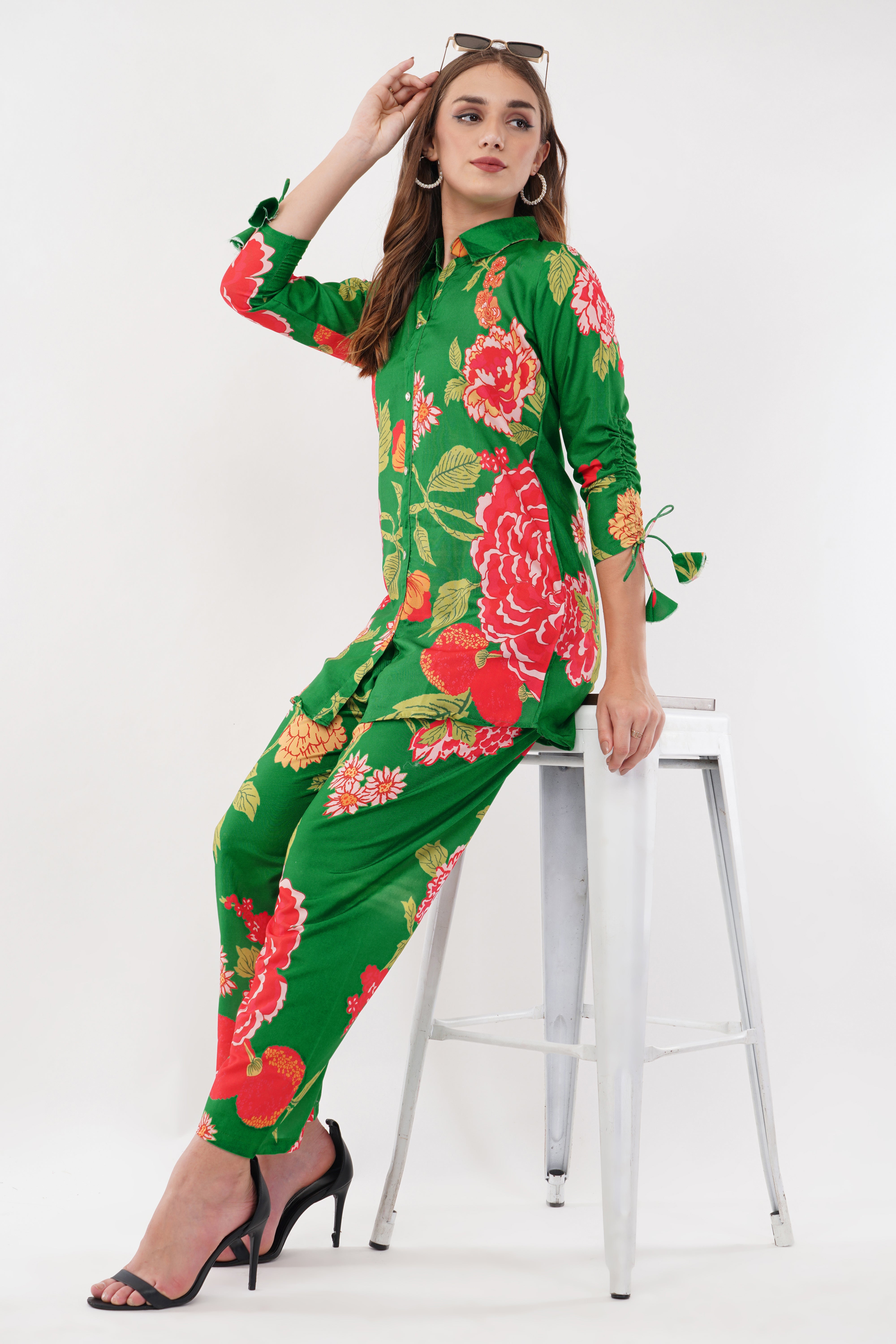 Rayon Green Shirt Co-Ord - Set Of 2